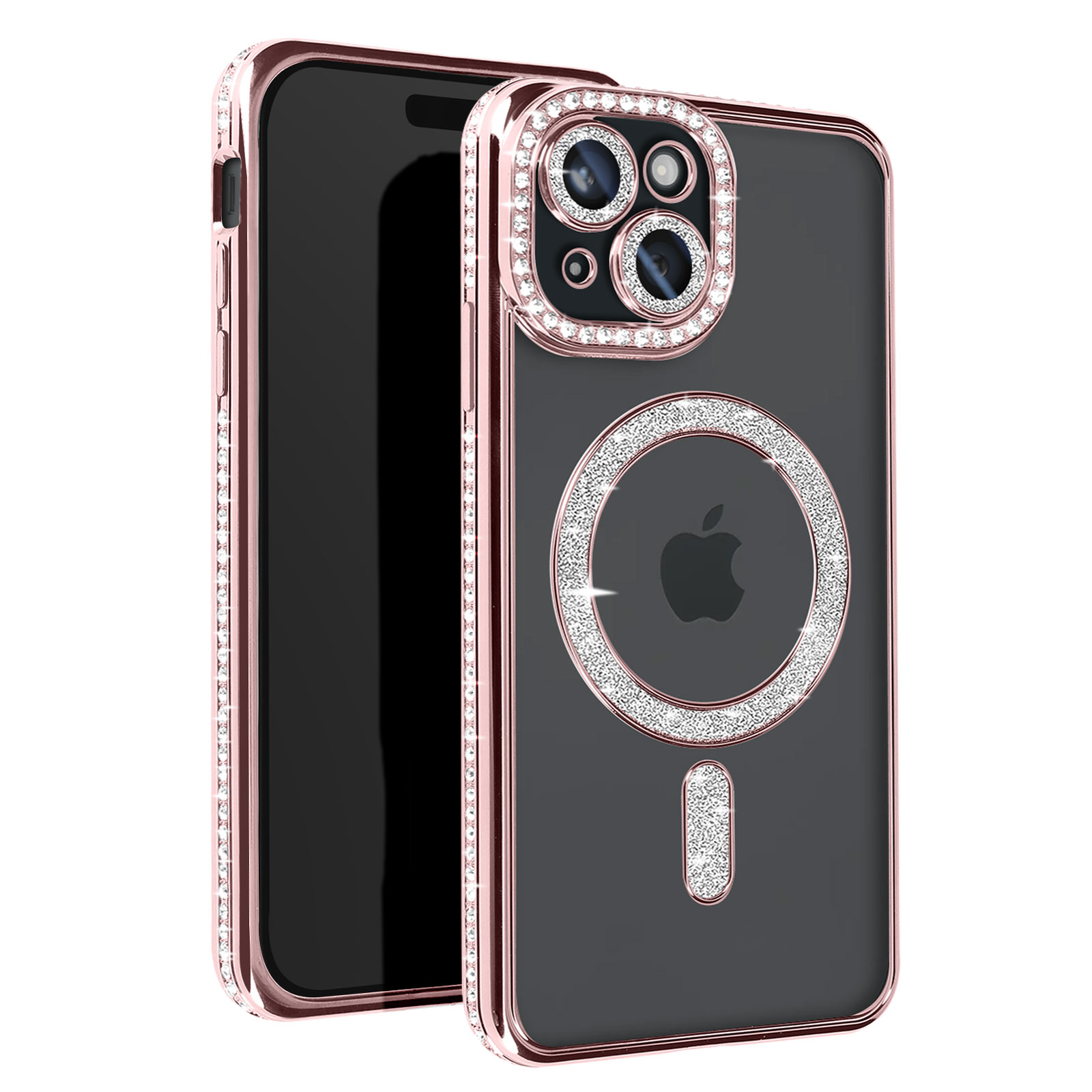 Telefono con custodia tempestata e supporto ad anello. Lo sfondo è rosa.