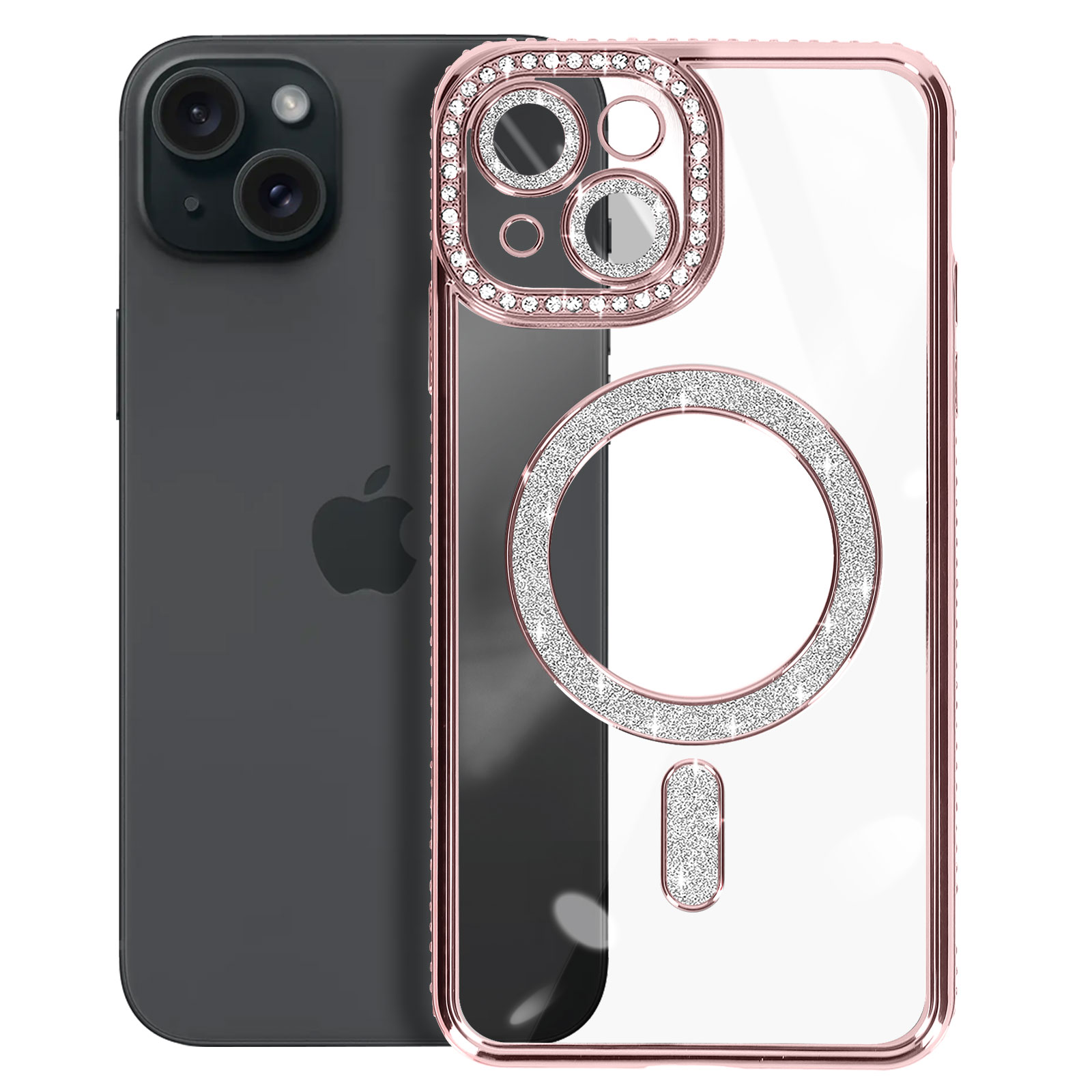 iPhone con custodia oro rosa, ritaglio fotocamera con diamanti e anello MagSafe, telefono nero.