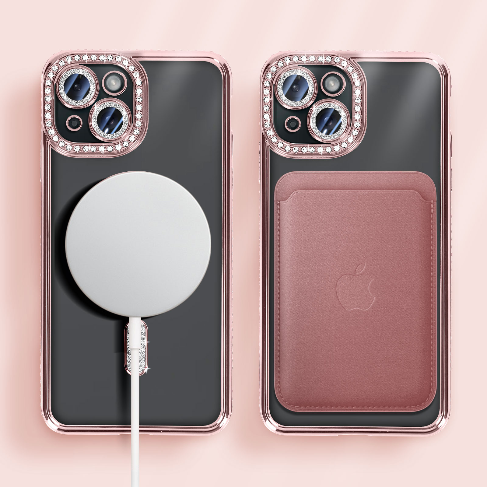 Due custodie per telefono su sfondo rosa. Una ha un caricatore, l'altra un porta carte in pelle.