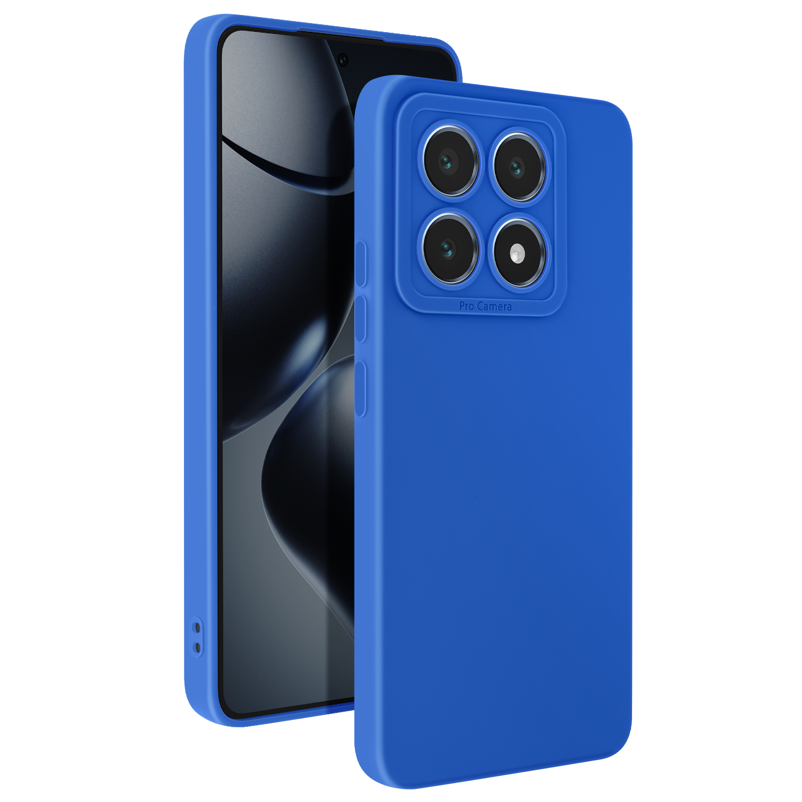 Telefono blu con custodia abbinata. La custodia presenta un ritaglio per la fotocamera e i pulsanti, vista laterale.
