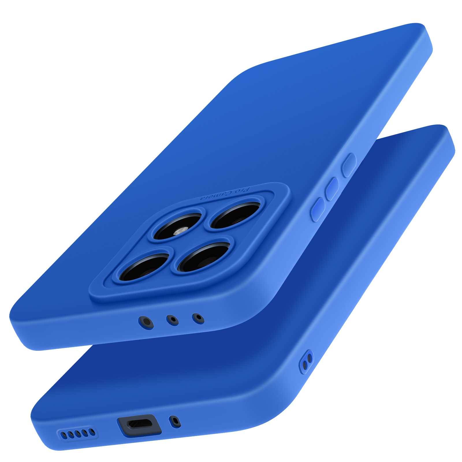 Custodie blu per telefono. Una sopra l'altra. Hanno aperture per fotocamera e pulsanti.