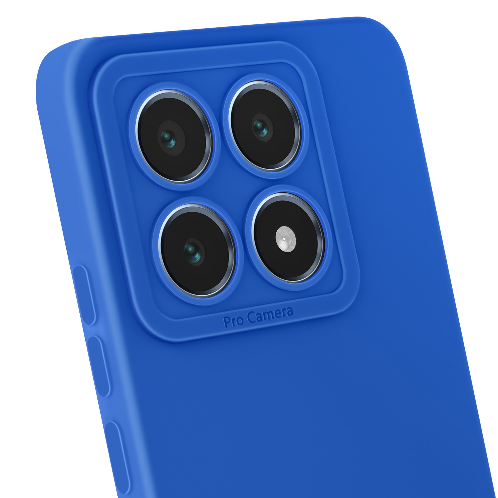 Primo piano di una custodia blu per telefono. Ha ritagli per la fotocamera ed è etichettata come 'Pro Camera'.