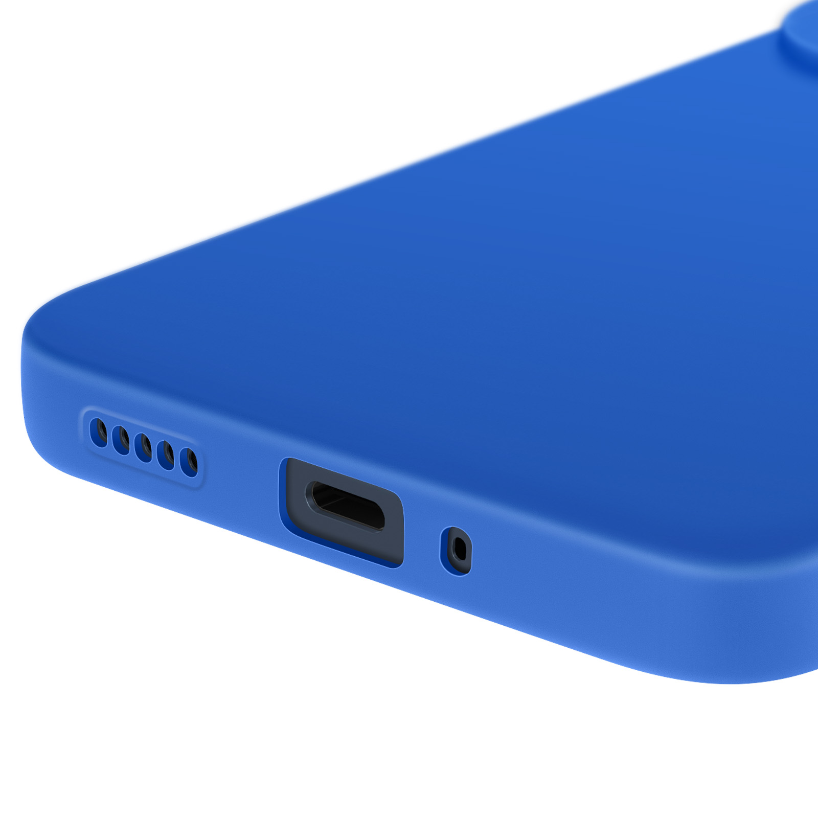 Primo piano della parte inferiore di una custodia blu per telefono. Mostra i dettagli della porta e dell'altoparlante.