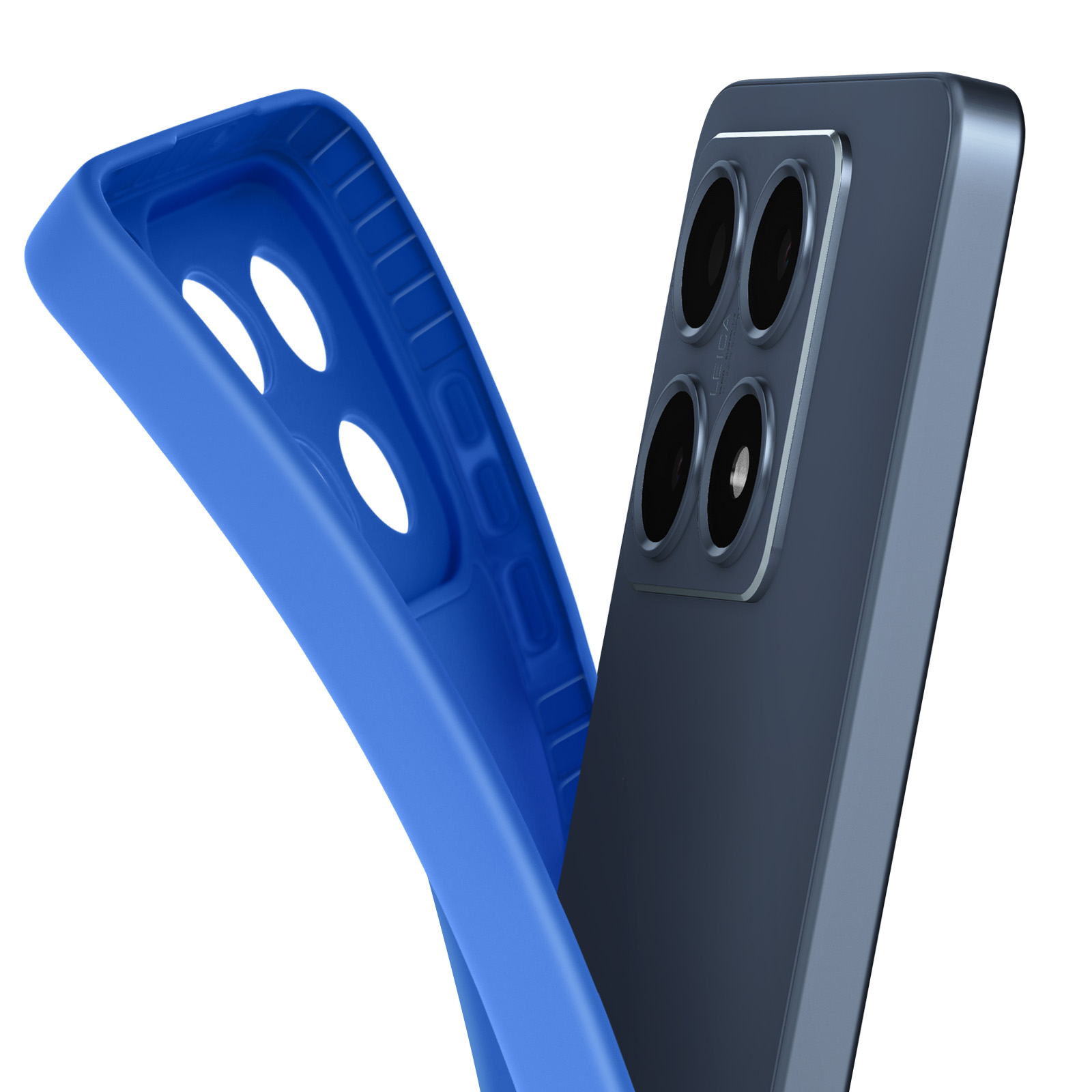 Custodia blu per telefono, aperta, con il telefono dentro. Il telefono ha un modulo fotocamera sul retro.