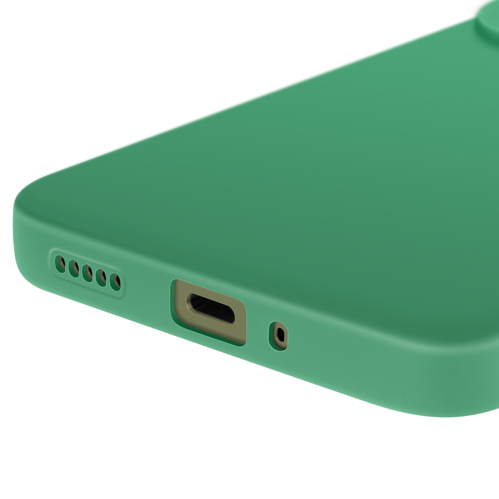 Una custodia verde per telefono con porta di ricarica e fori per altoparlanti. Il lato è visibile, in basso.