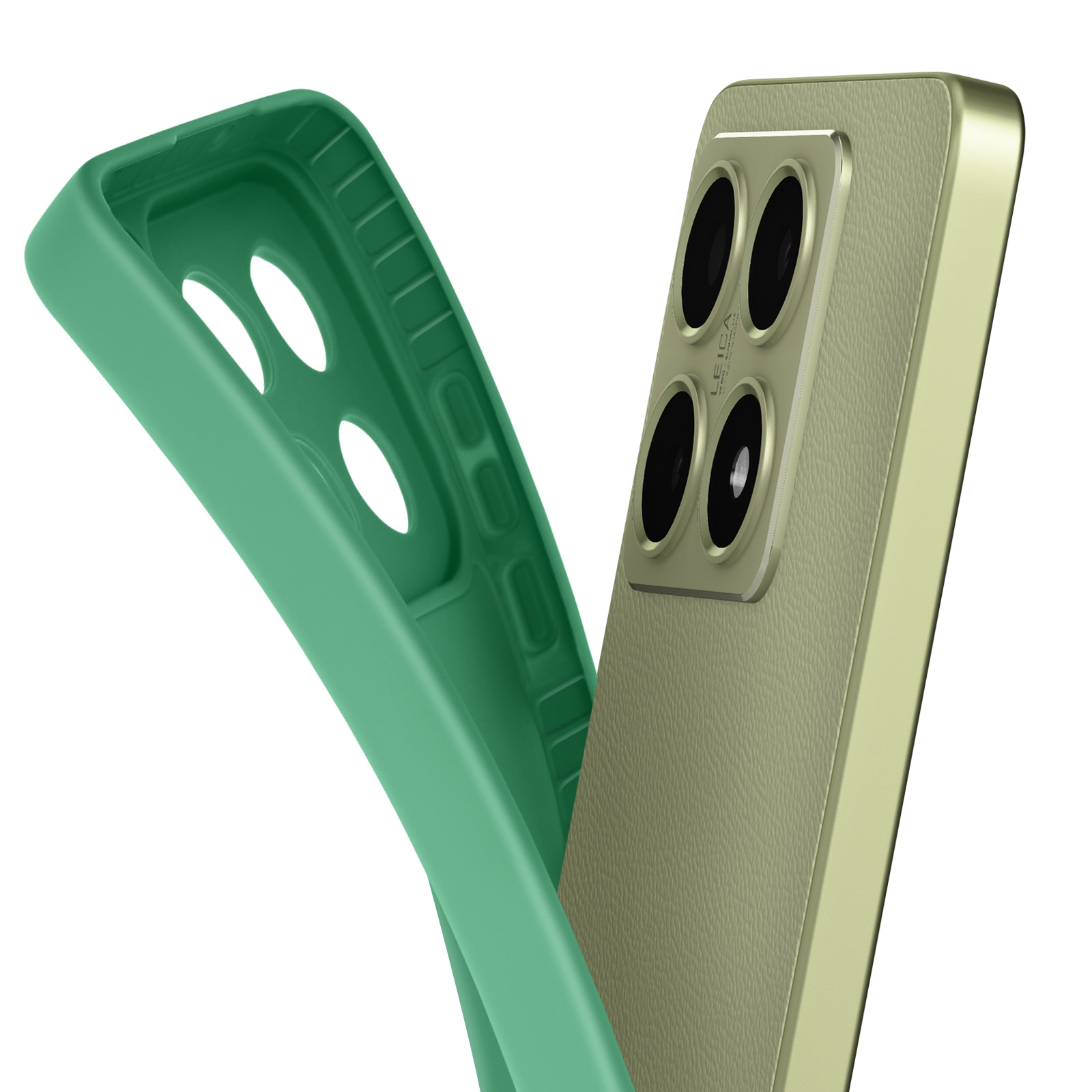 Custodia verde e un telefono. La custodia viene rimossa, rivelando il retro del telefono.