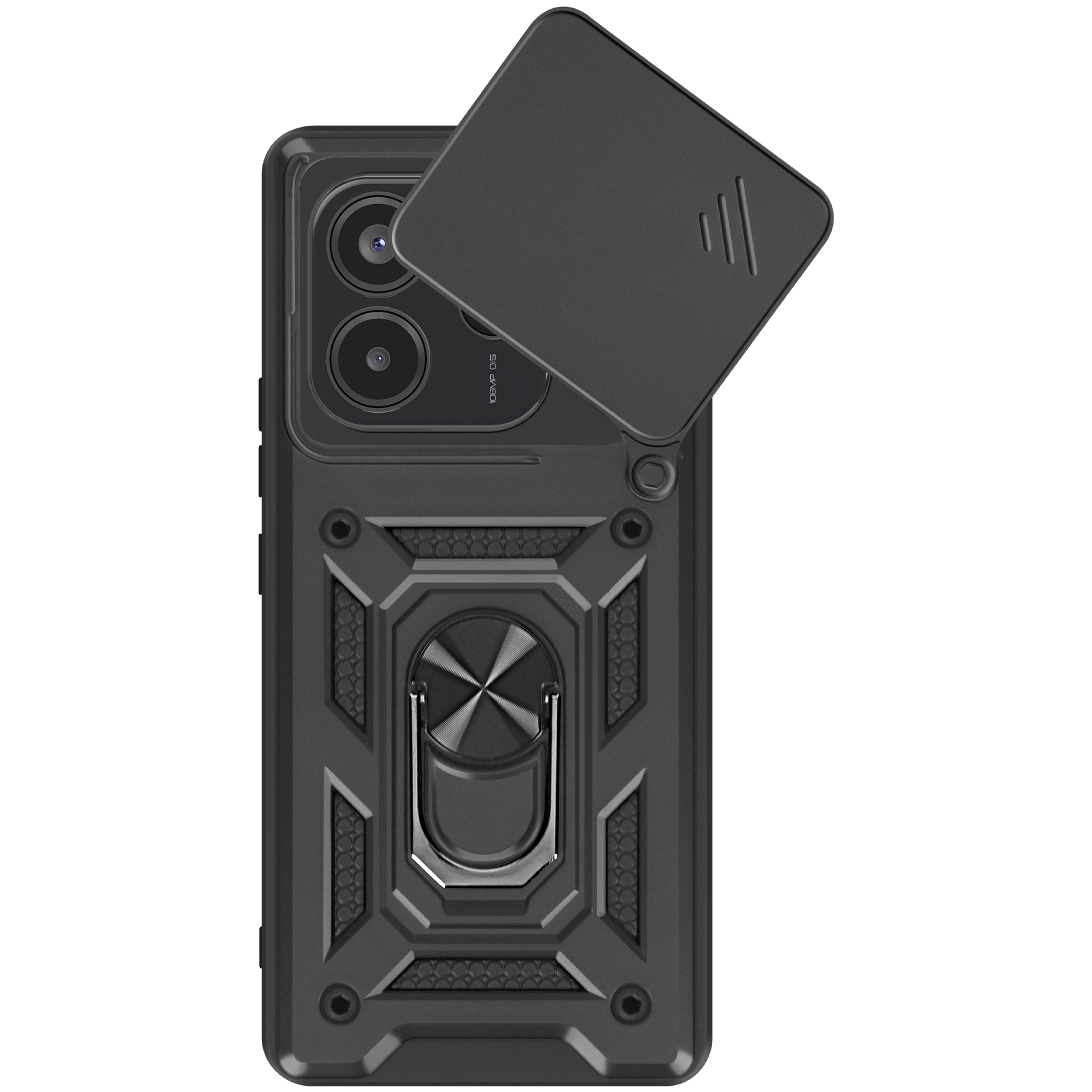 Custodia per telefono nera con copertura per fotocamera e supporto ad anello. La copertura è aperta. Su una superficie.