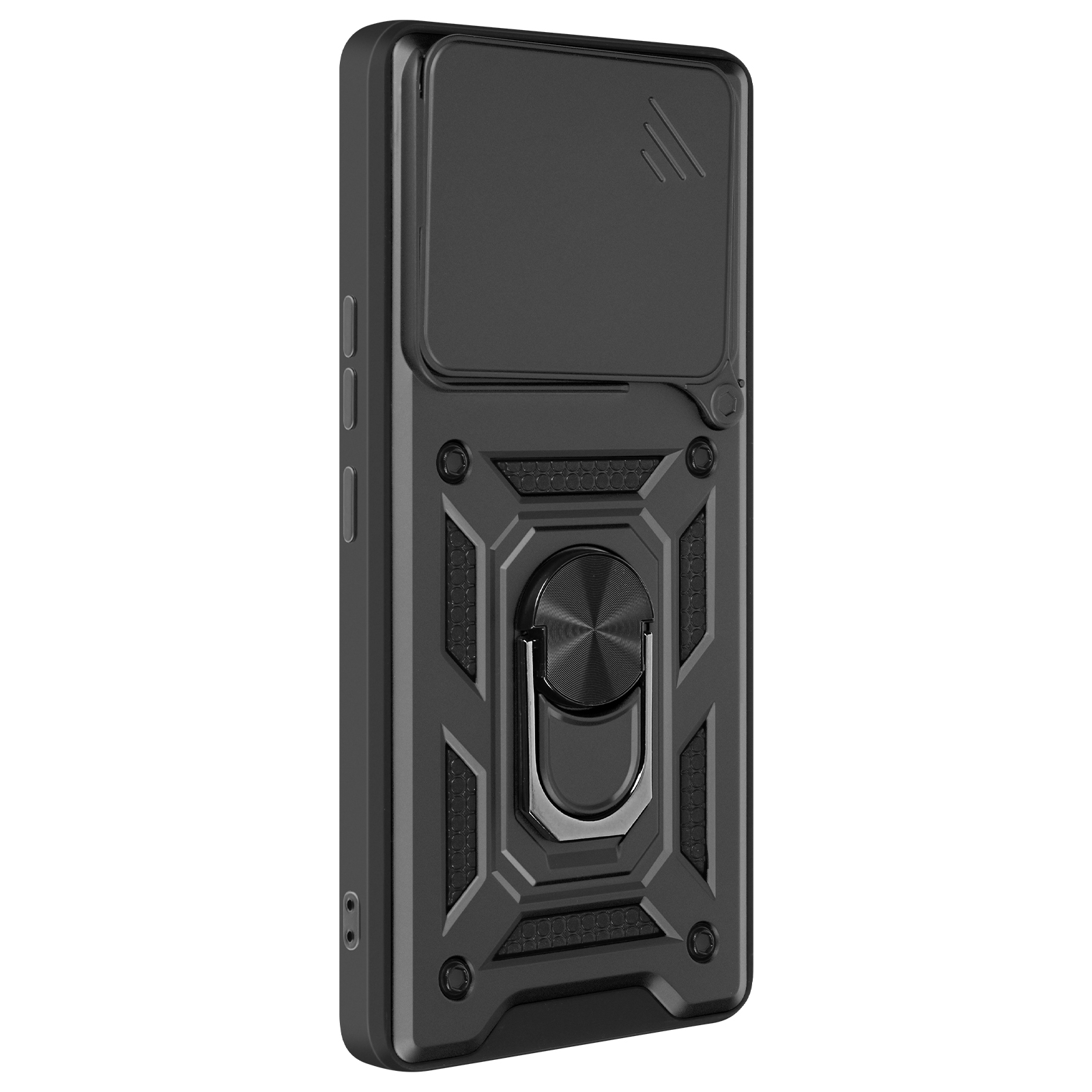 Custodia nera per telefono con anello e copertura fotocamera. Design robusto con superficie strutturata.