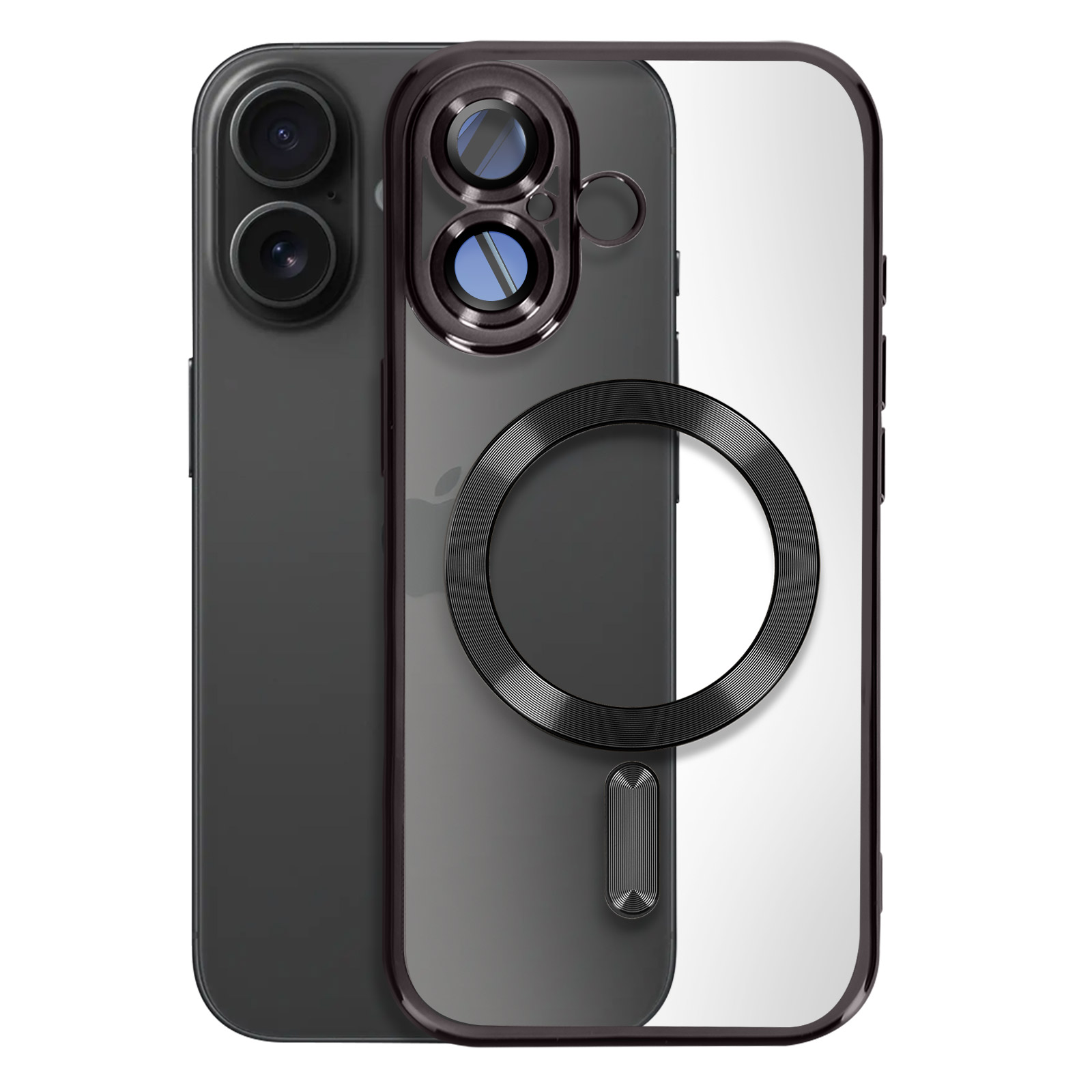 Custodia nera per iPhone. Retro trasparente, anello MagSafe e dettaglio fotocamera. Nero e grigio.