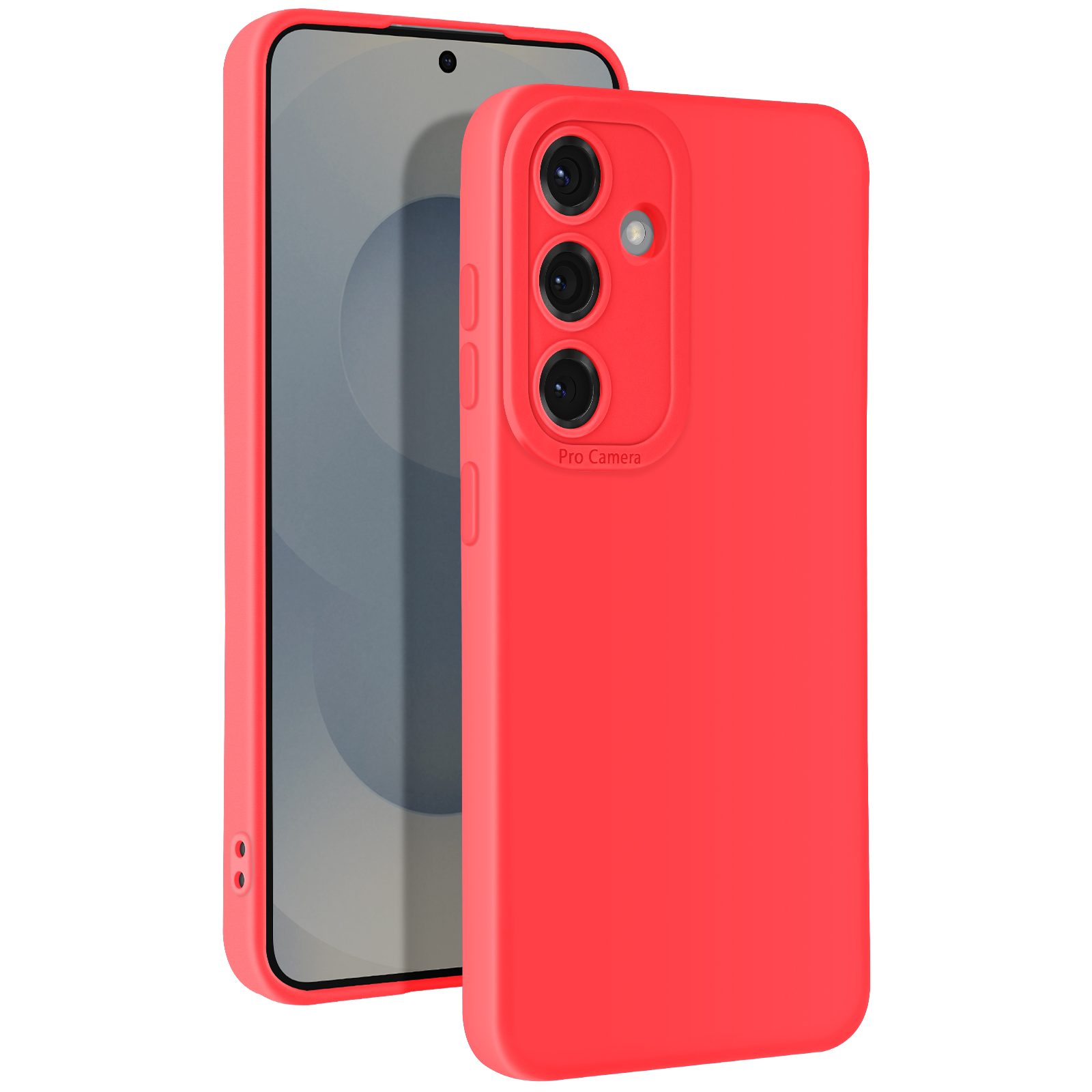 Custodia rossa per telefono. Il telefono è nella custodia. Testo Pro Camera visibile, la custodia è angolata.