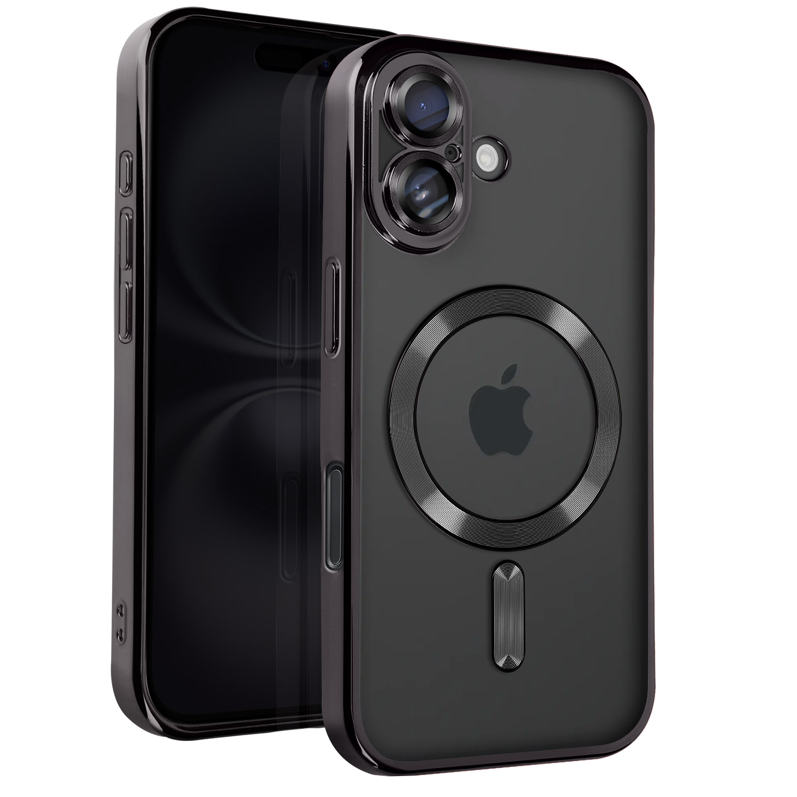 Custodia nera per iPhone. Il retro ha un cerchio magnetico e una striscia di metallo. Il telefono è dentro.