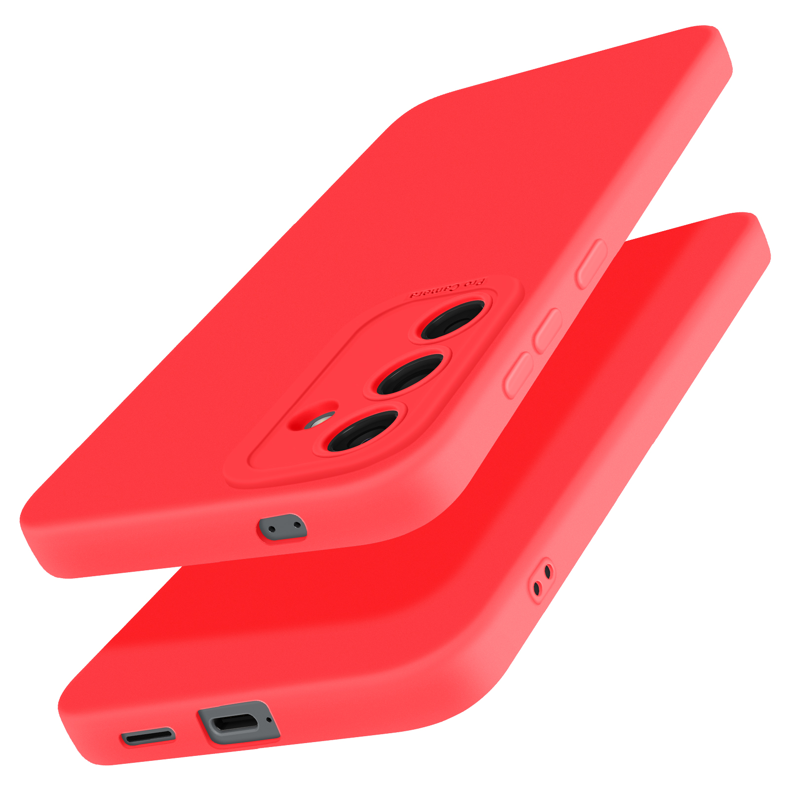 Custodia rossa con tre ritagli per fotocamera. Vengono mostrate due custodie, una sopra l'altra. Dettaglio porta.