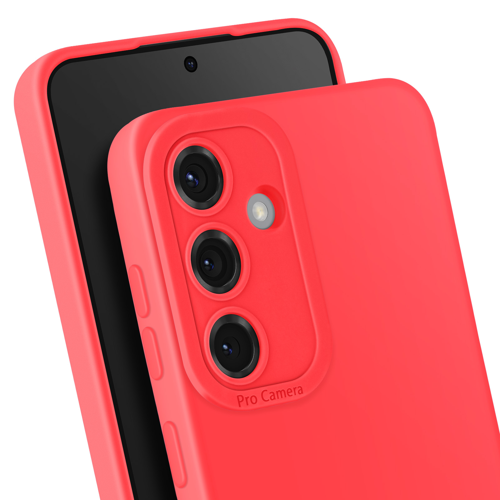 Primo piano della custodia rossa. Il telefono ha tre fotocamere. Testo Pro Camera sulla custodia.