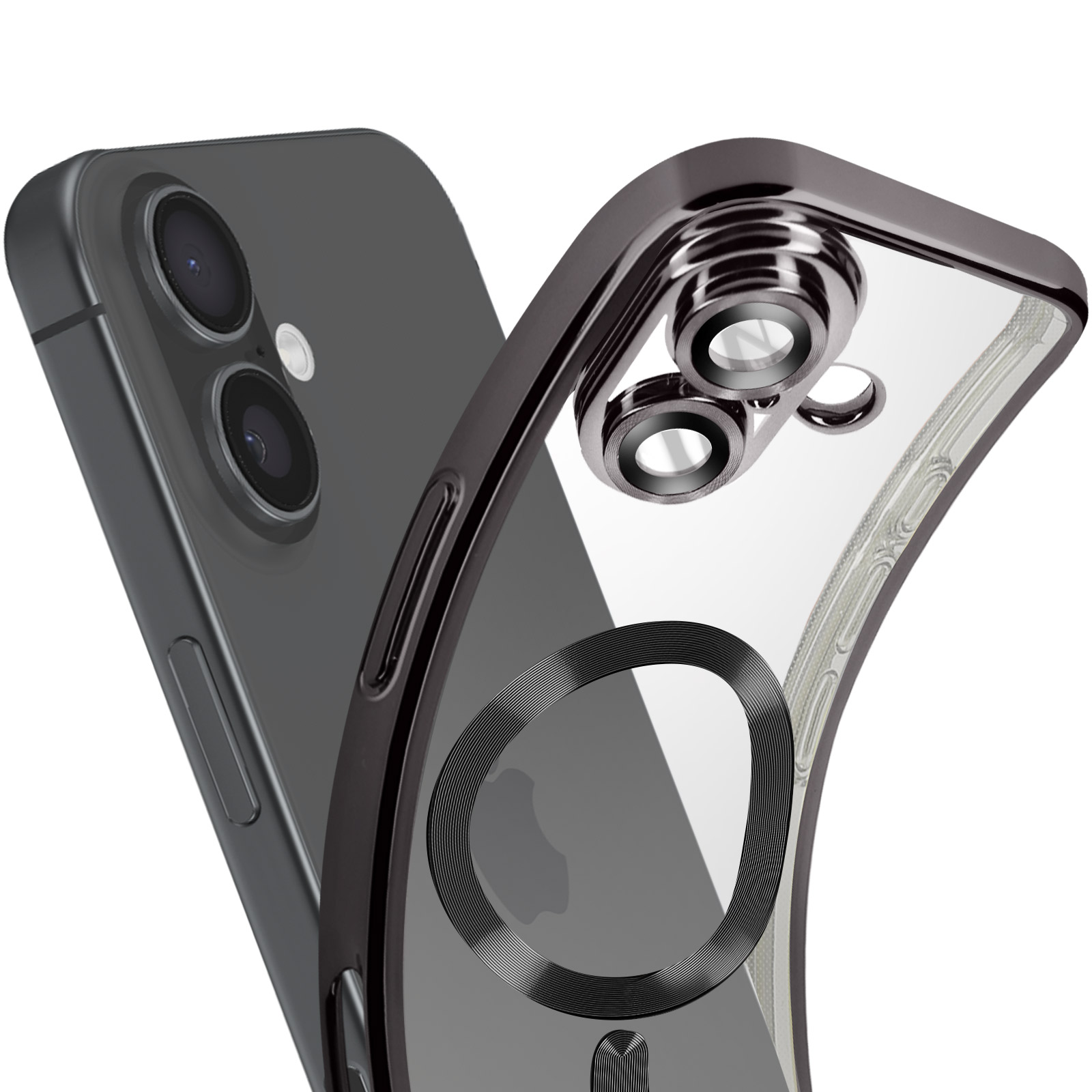 Custodia per telefono. Ha un anello metallico e un cerchio magnetico. Il telefono è trasparente.