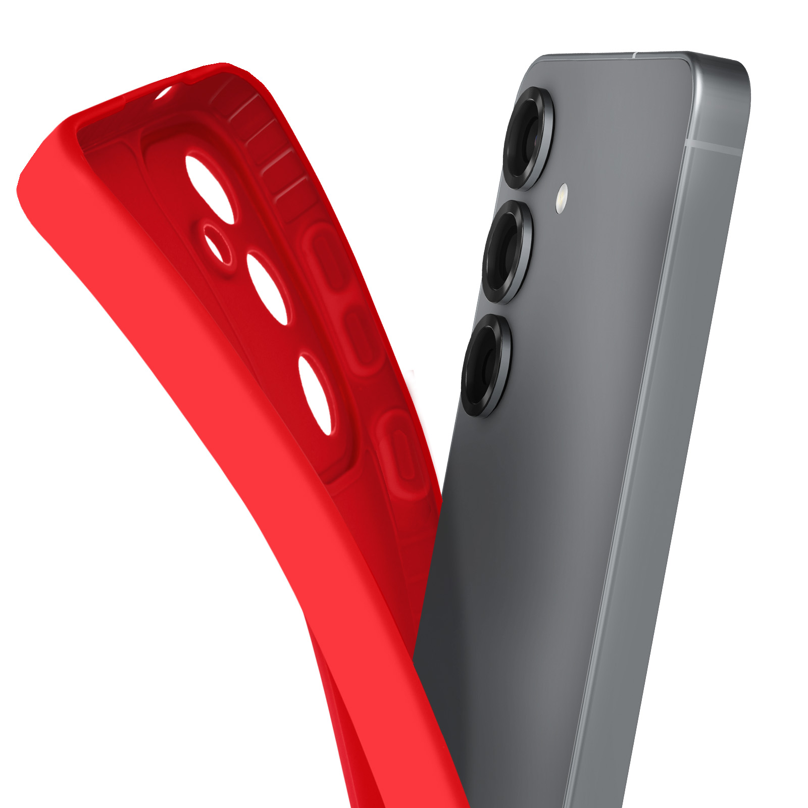 Custodia rossa che viene rimossa, mostrando il retro di un telefono con tre lenti della fotocamera. Rosso e grigio.