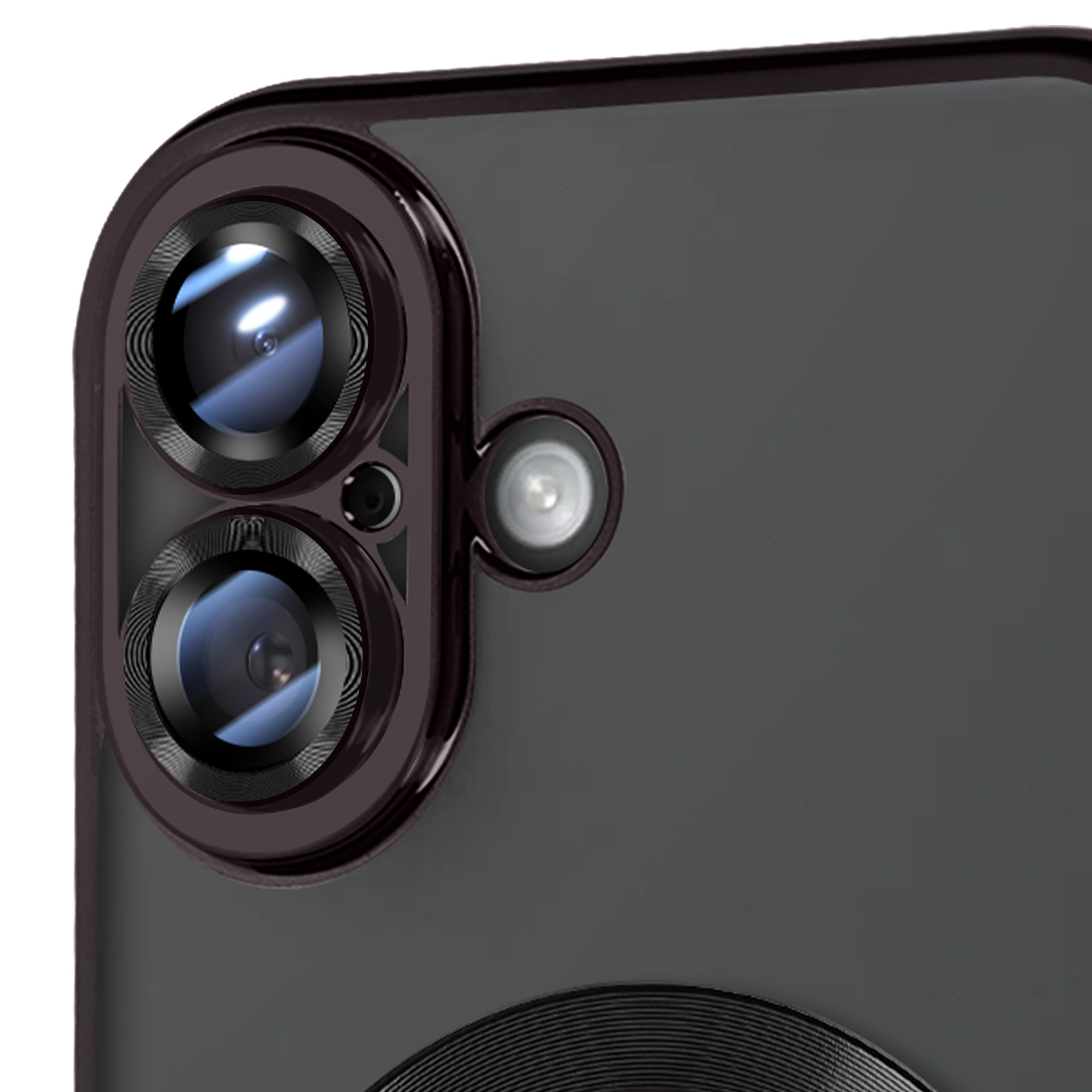 Custodia per telefono con tre fotocamere. Il retro del telefono è visibile. La custodia è in metallo.