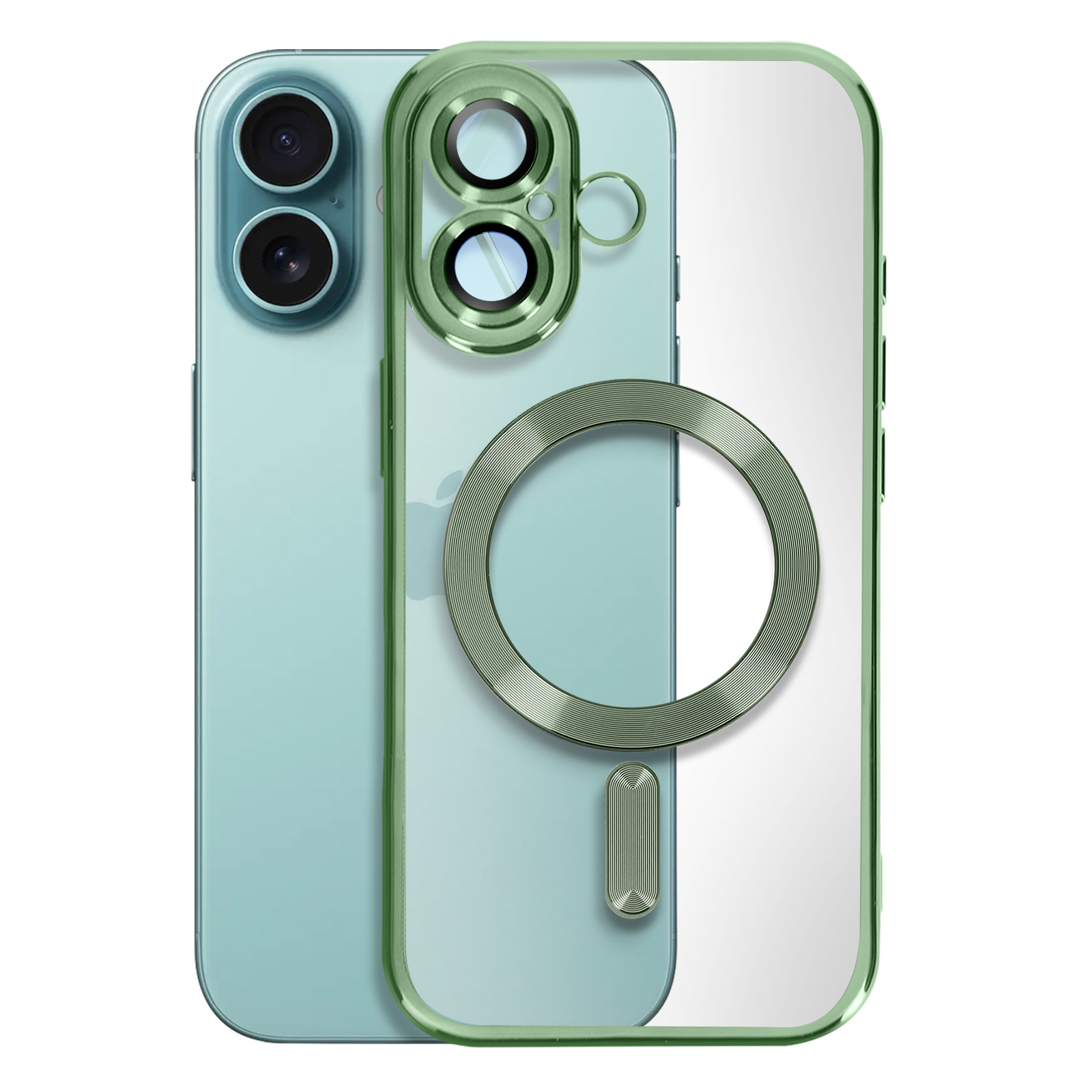 Custodia verde per iPhone con anello fotocamera e anello MagSafe. Colori verde e trasparente. Mostra il retro.