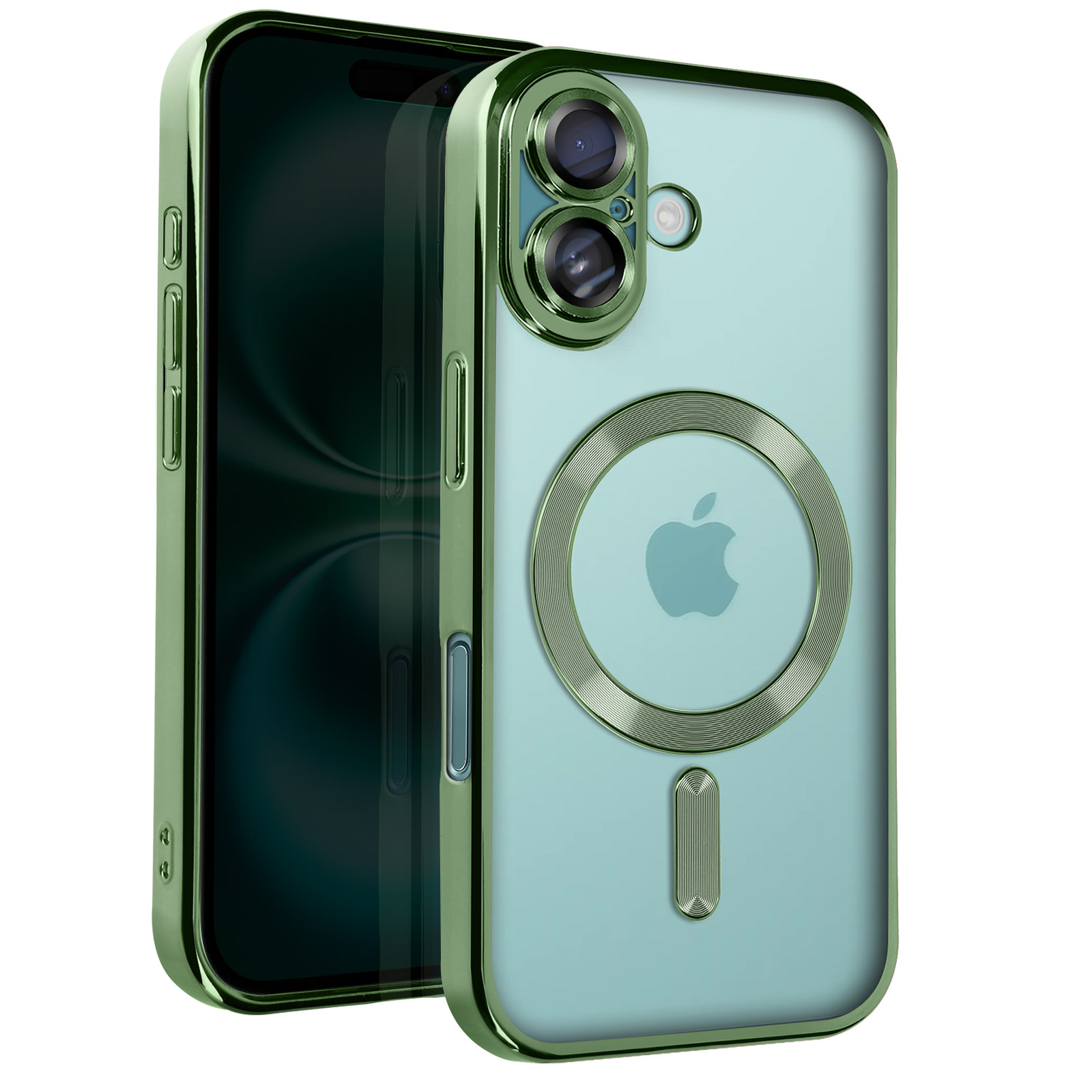 Custodia verde per iPhone con anello fotocamera metallico verde. Anello MagSafe visibile. Retro trasparente.