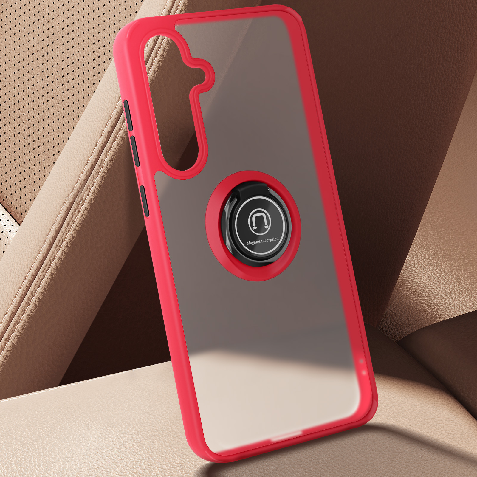 Custodia rossa con supporto ad anello in auto.