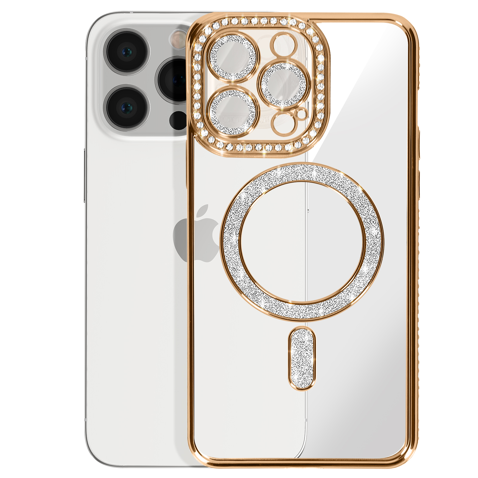 Custodia diamantata con logo Apple e caricatore.
