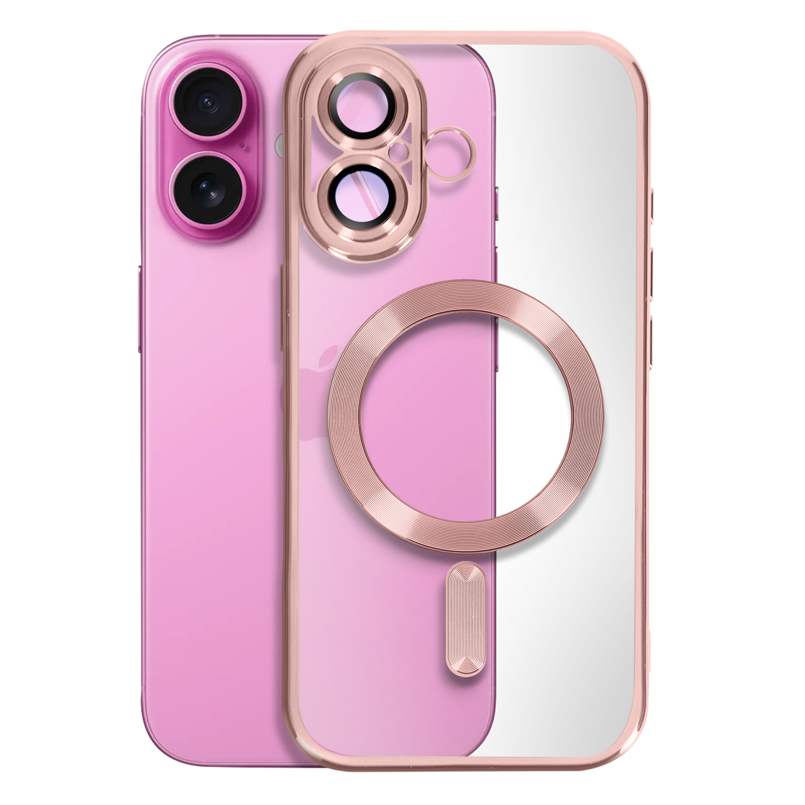 Custodia rosa con supporto ad anello e retro trasparente.
