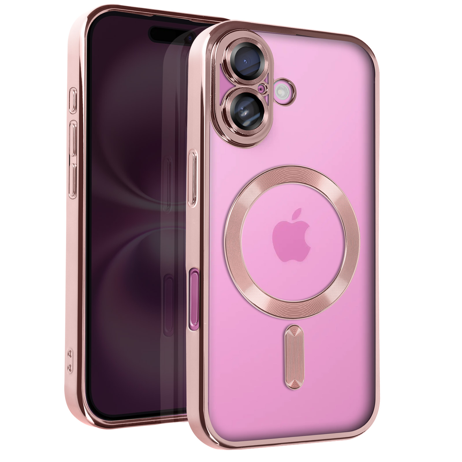 Custodia rosa con logo Apple e cornice oro rosa.