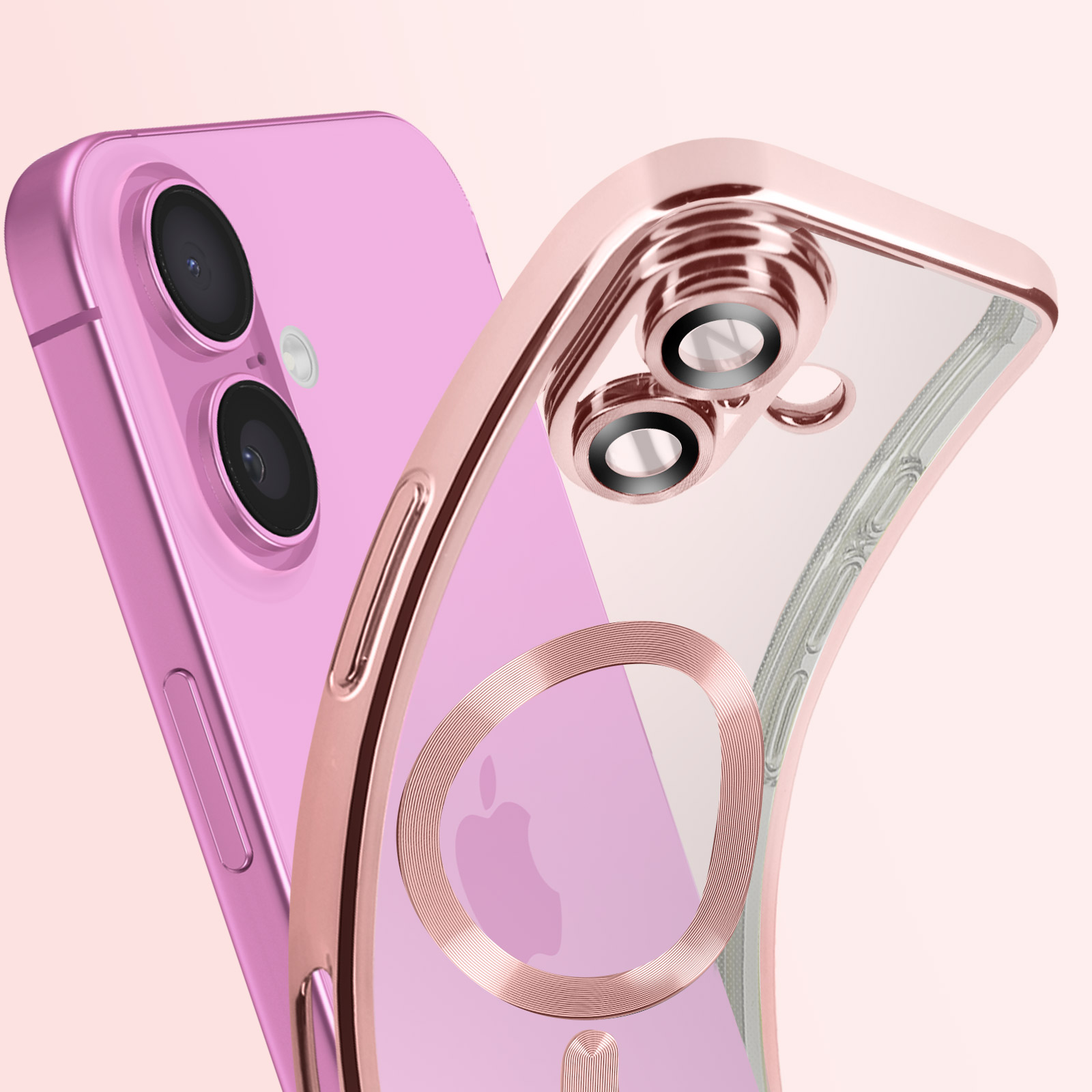 Telefono rosa con custodia oro rosa.