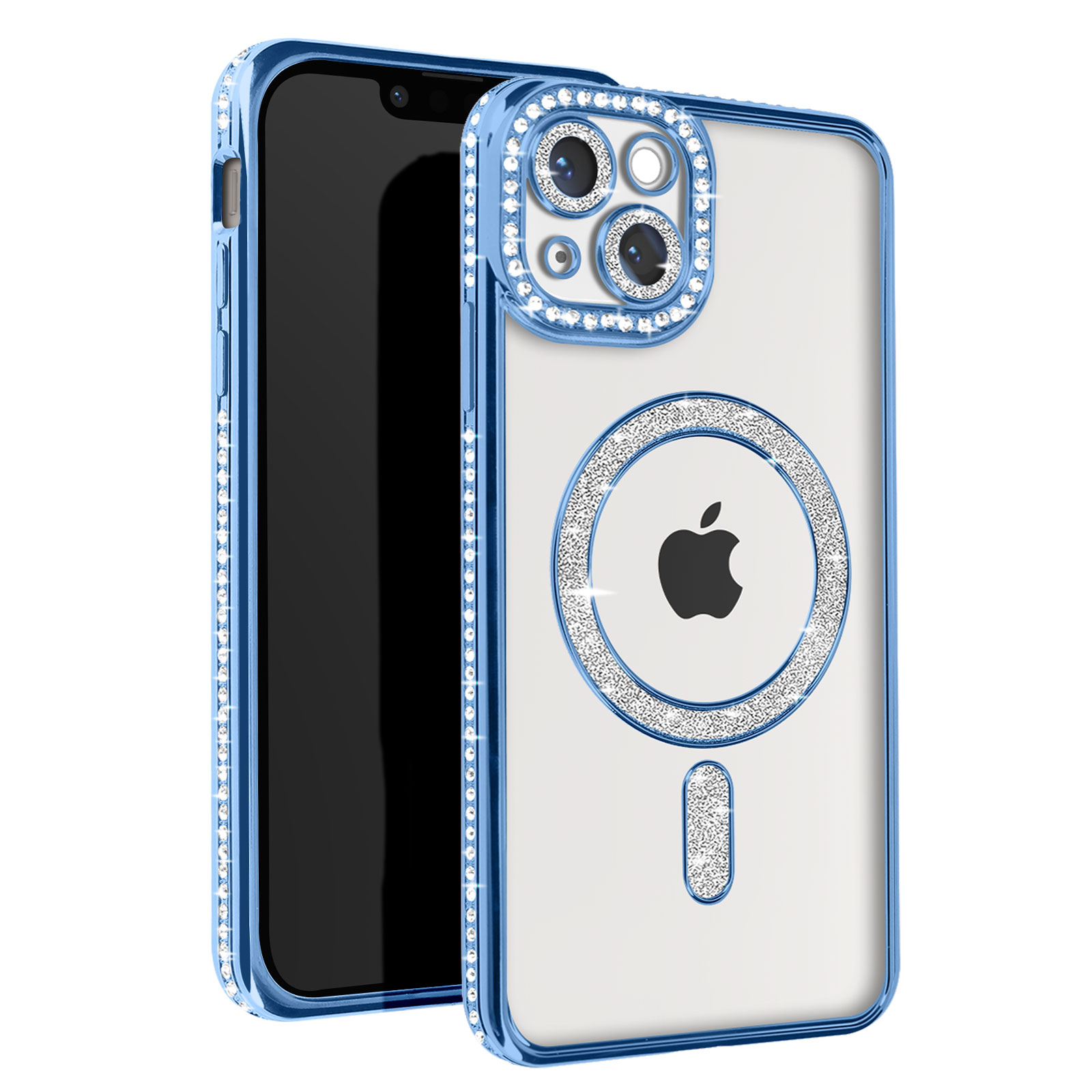 Telefono bianco con custodia blu con strass e logo Apple. Custodia trasparente. Sfondo bianco.
