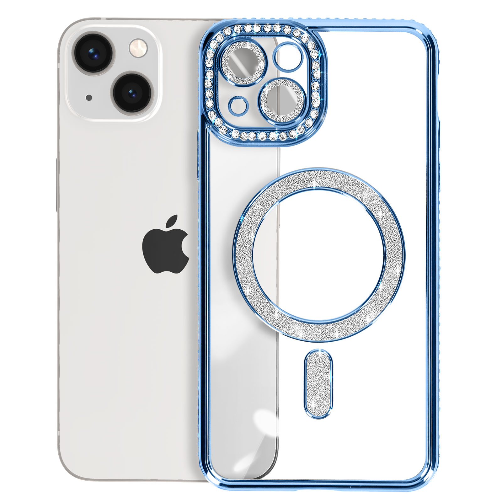 Telefono bianco con custodia trasparente e rifiniture blu con strass. Logo Apple. Sfondo bianco.