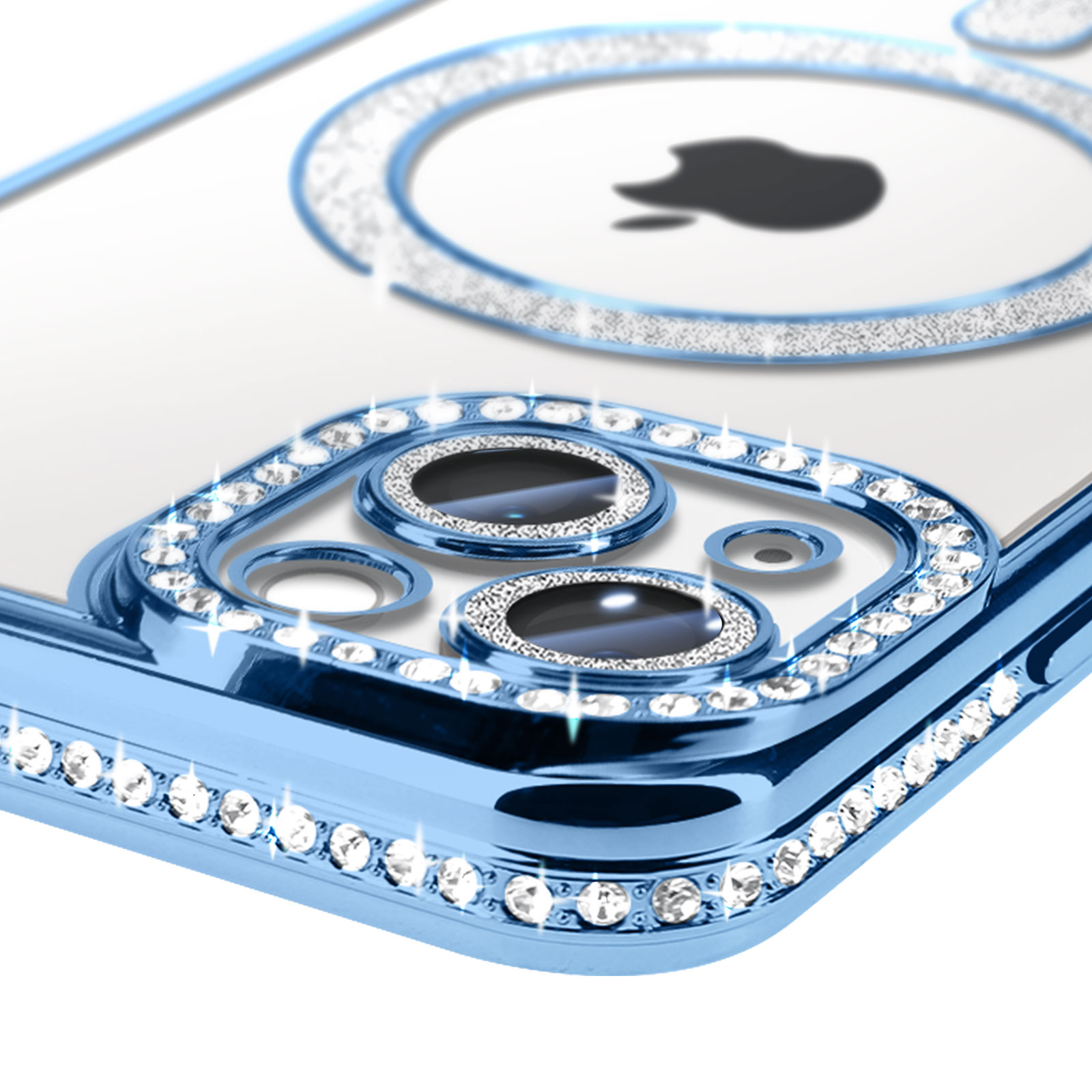 Custodia blu per telefono con strass. Ha un'area fotocamera con tre lenti. Sfondo bianco.