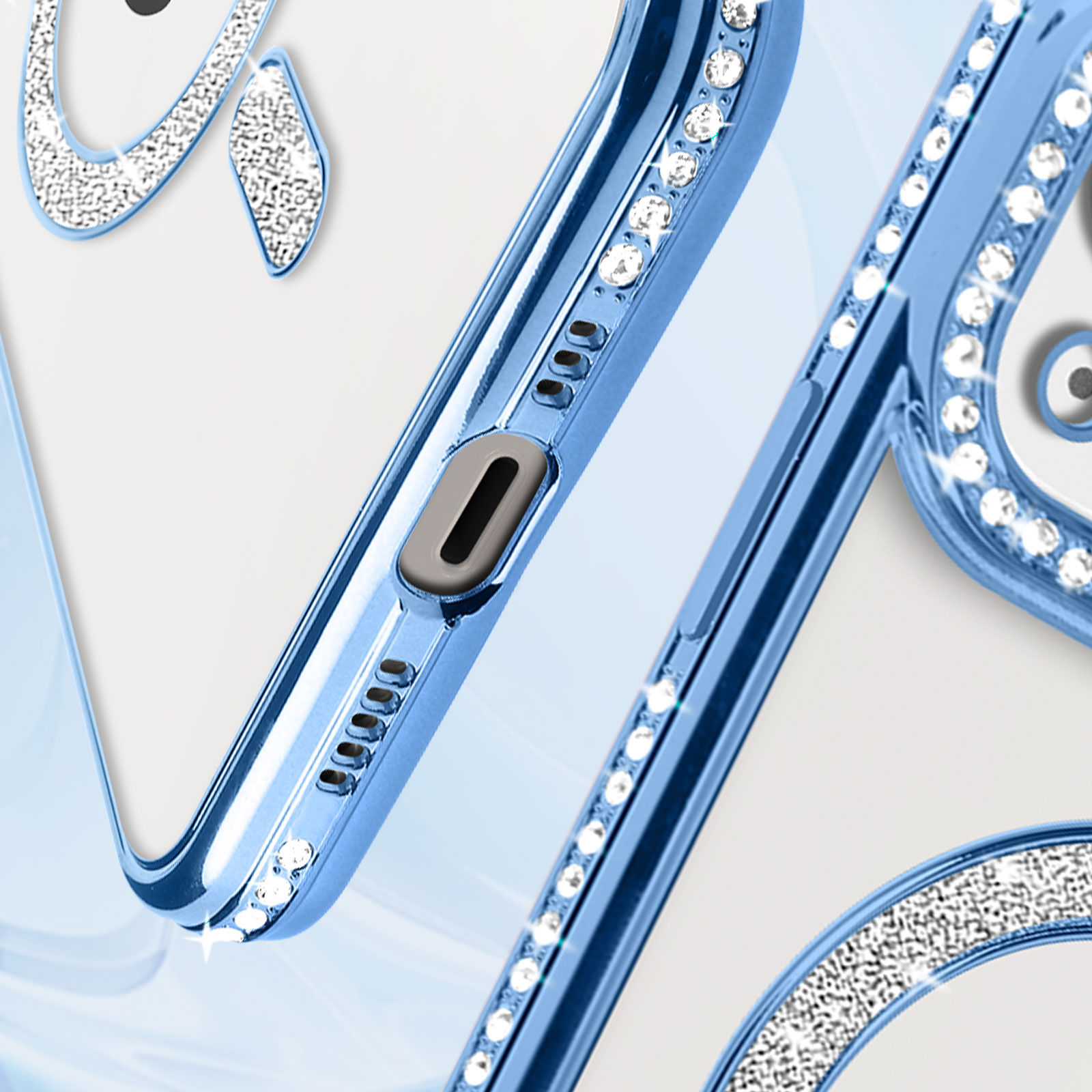 Una custodia per telefono con finiture blu e strass. È un primo piano. Sfondo bianco.