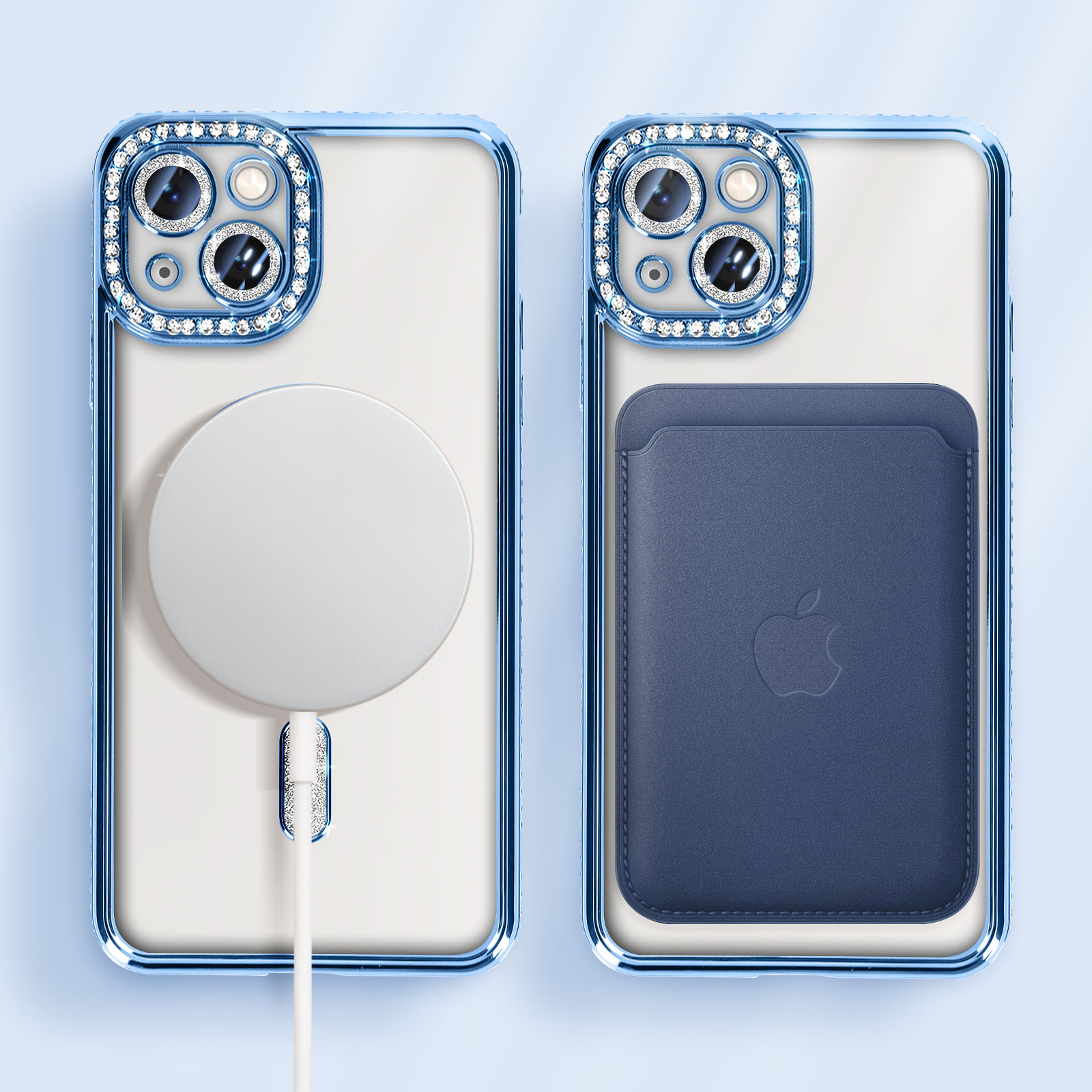 Due custodie per telefono: bordi blu, retro trasparente con MagSafe e portafoglio in pelle blu.