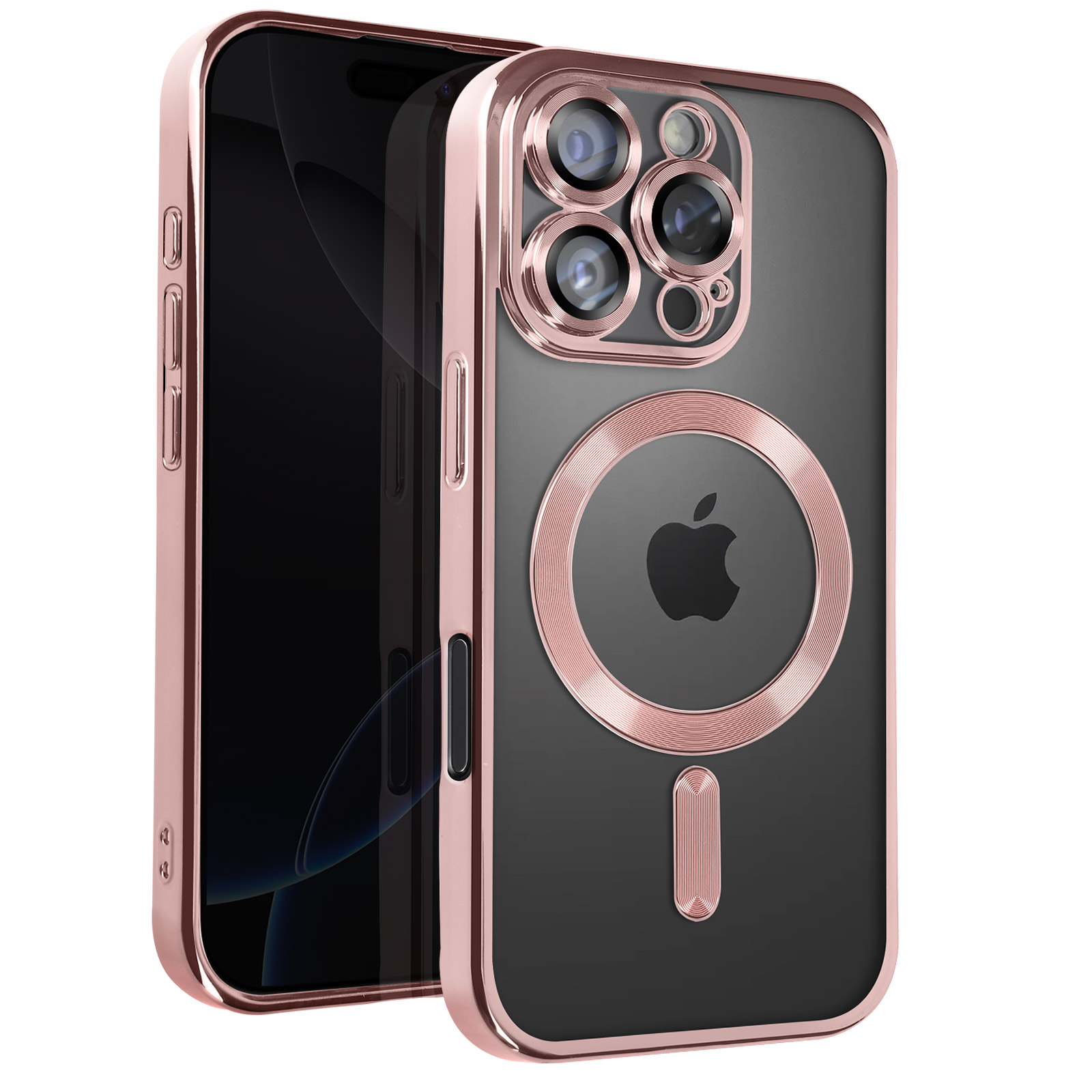 Custodia per telefono con dettagli oro rosa e retro trasparente, con un telefono dietro. Anello MagSafe oro rosa.