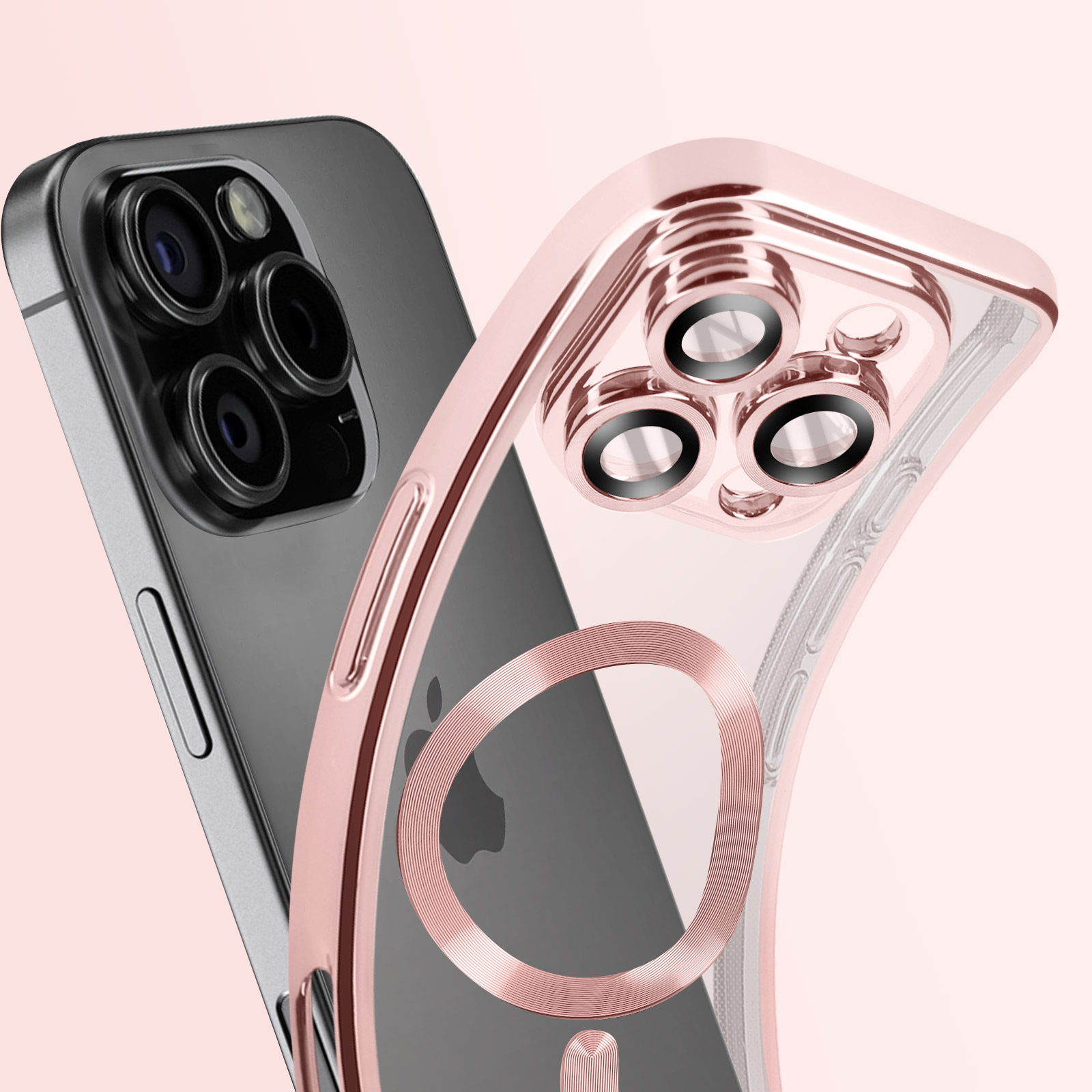 Due telefoni, uno con custodia rosa e uno grigio. Quello rosa ha un anello.