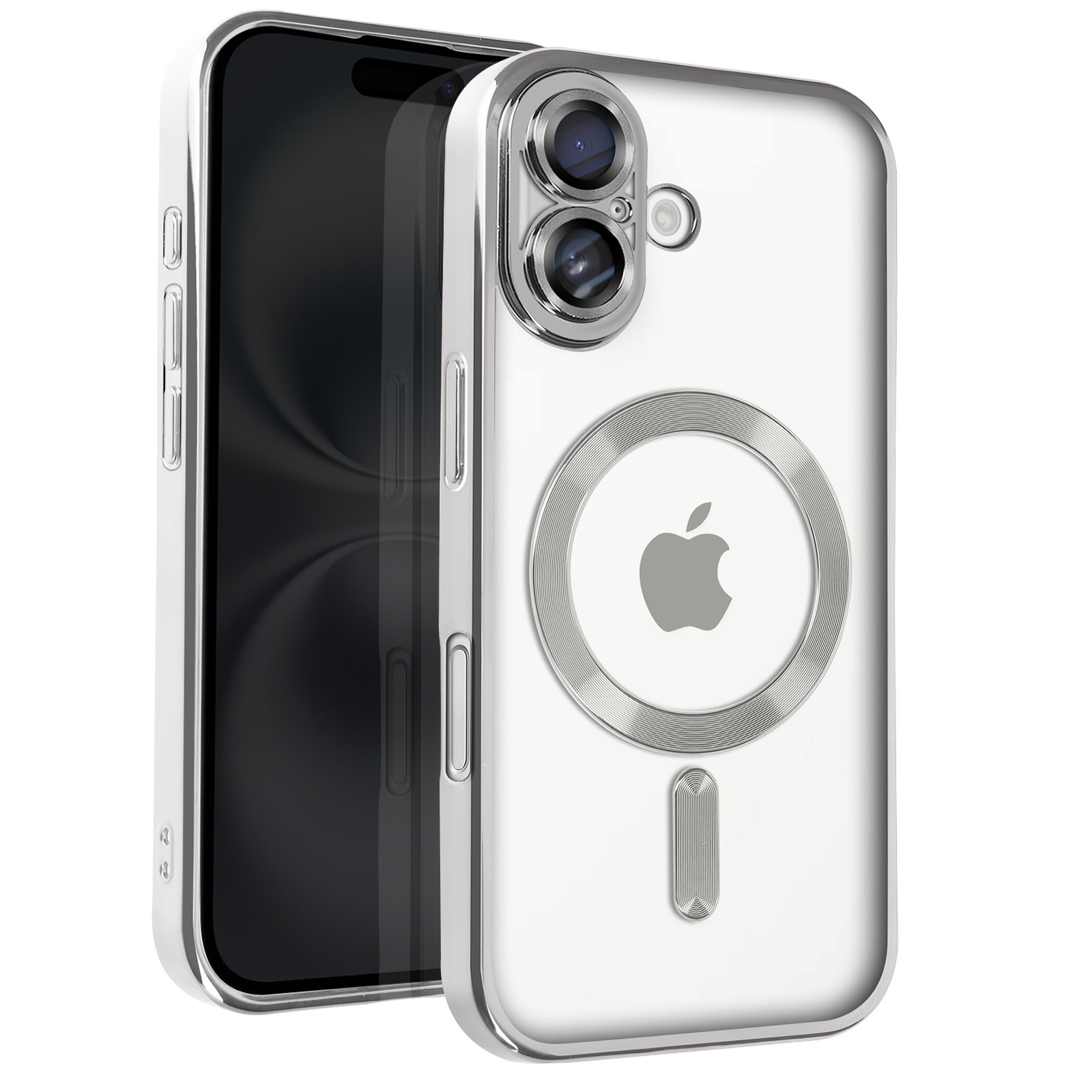Custodia per telefono argentata con retro trasparente e logo Apple. Telefono accanto, fronte trasparente, retro nero.