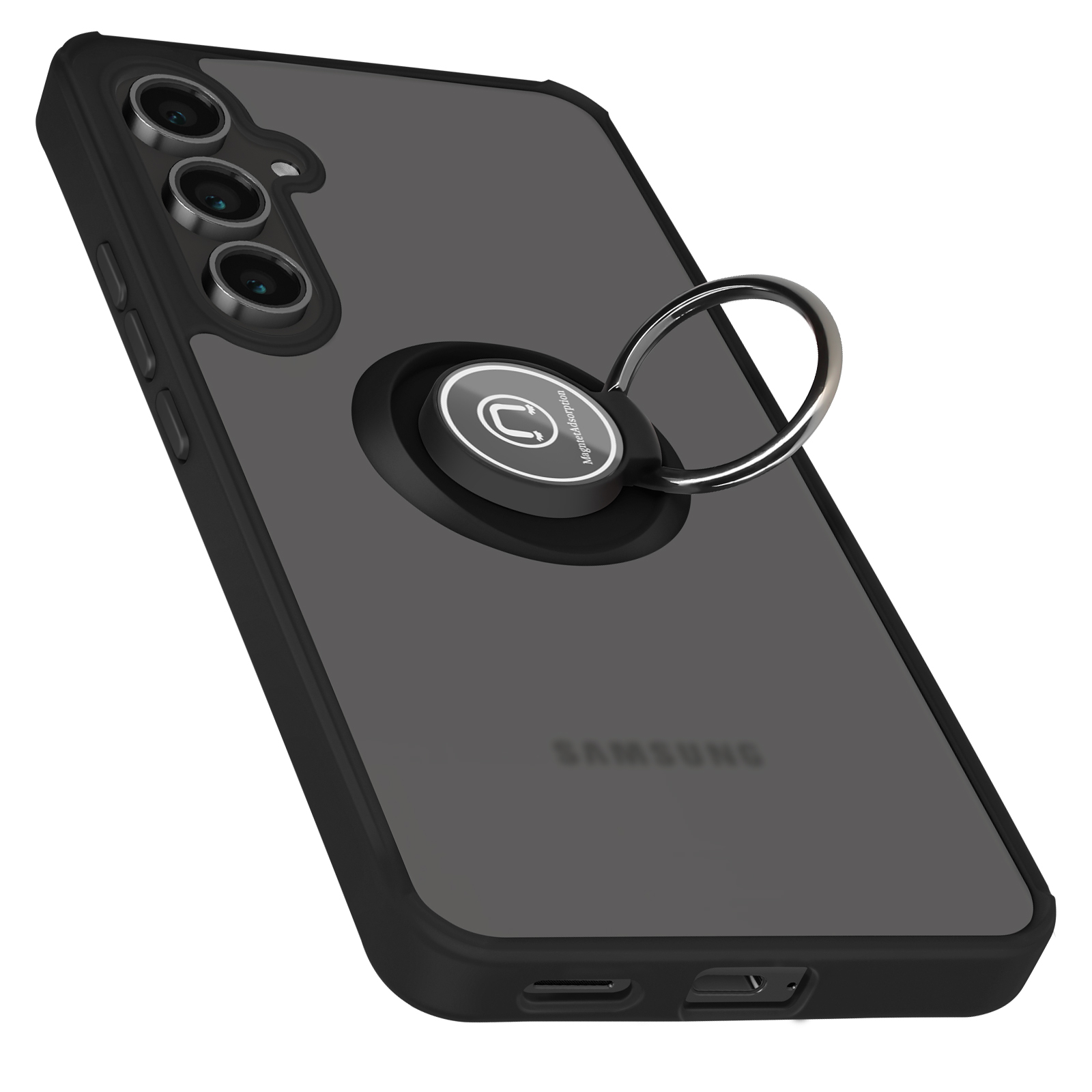 Custodia per telefono nera con supporto ad anello. Logo Samsung visibile. Vista angolata, custodia su un telefono nero.