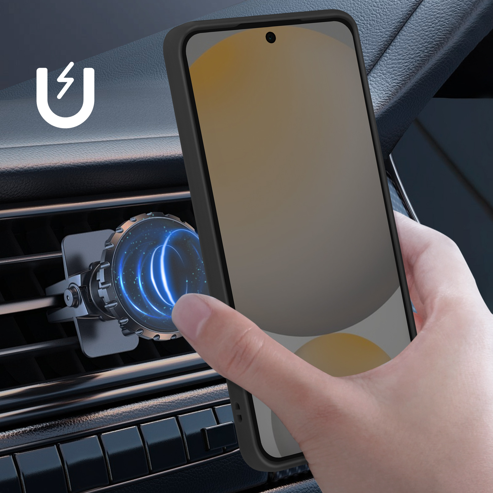 Mano che tiene un telefono vicino a un supporto magnetico per auto. Telefono nero, supporto sulla presa d'aria.