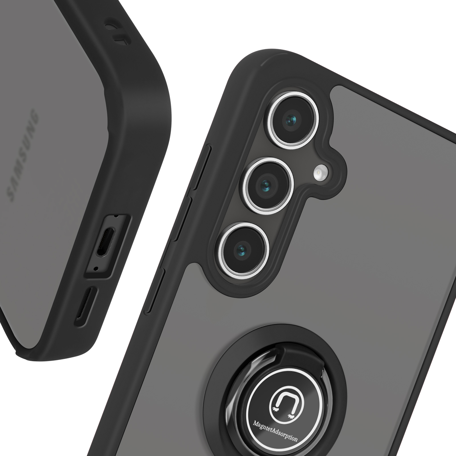 Primo piano di una custodia con tre obiettivi, un anello e il logo Samsung.