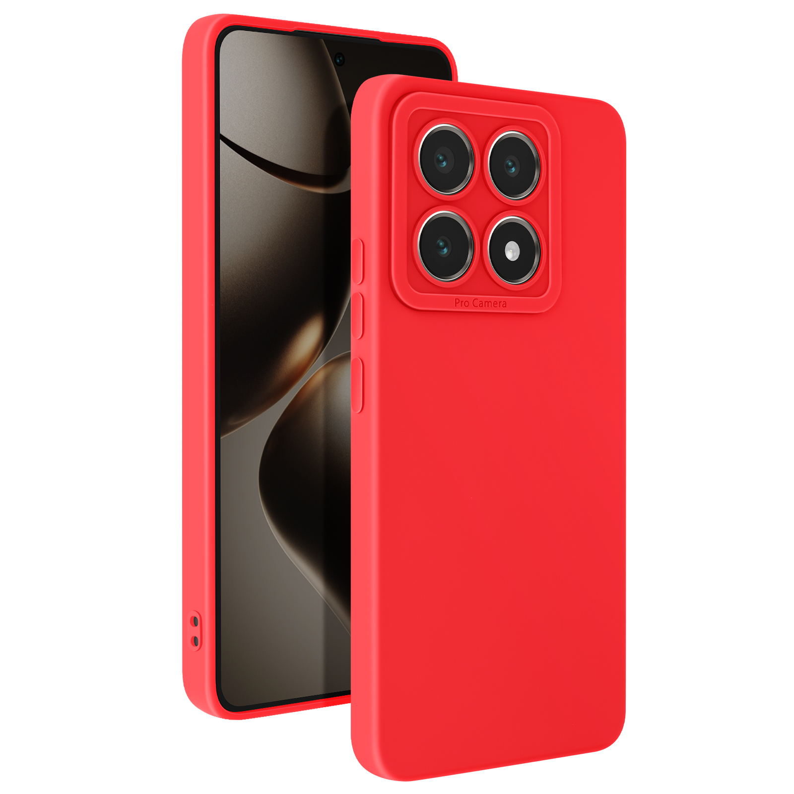 Custodia rossa per telefono su un telefono. Quattro lenti della fotocamera visibili. La custodia è rossa.