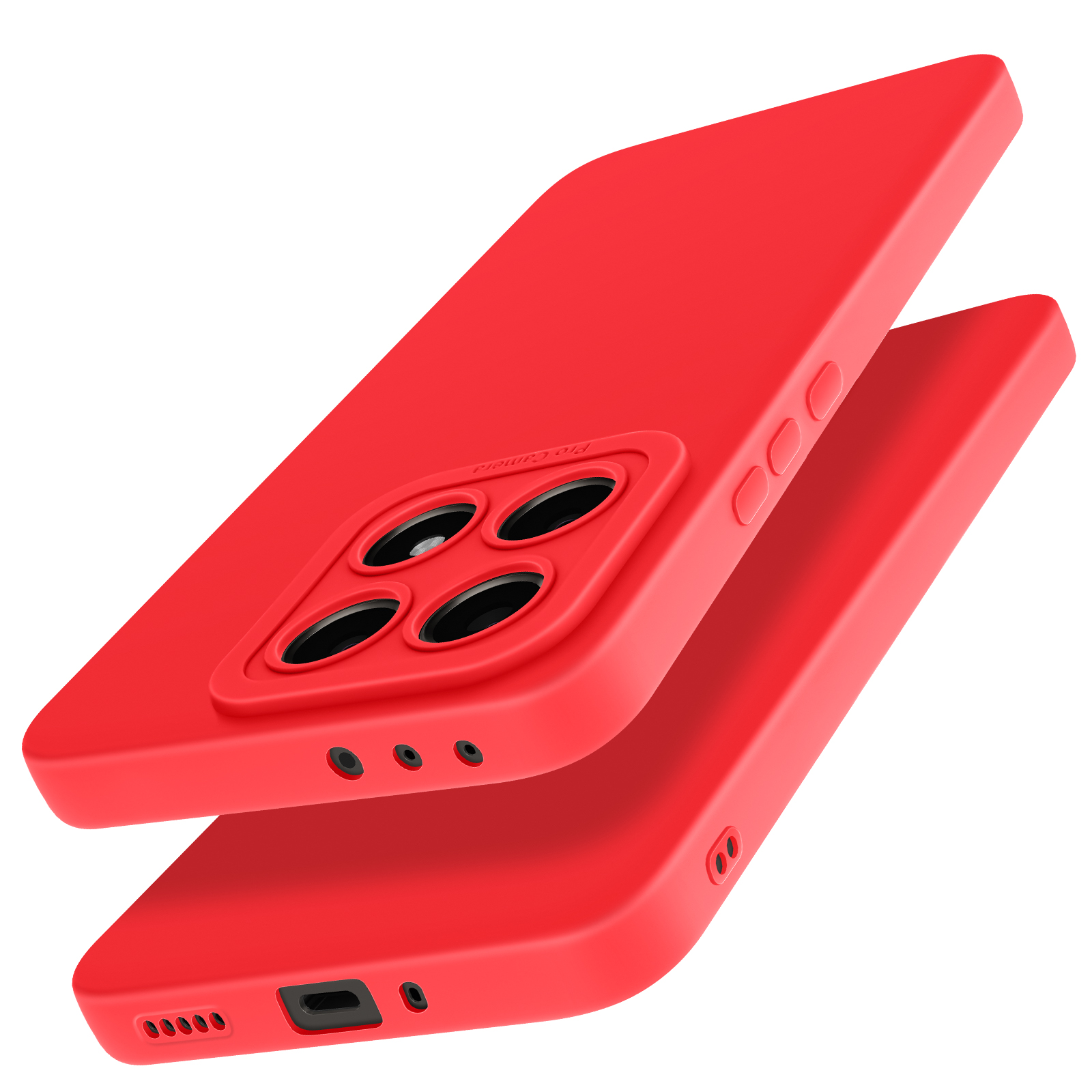 Custodia rossa per telefono con un telefono. La custodia ha più lenti della fotocamera. La custodia è rossa.