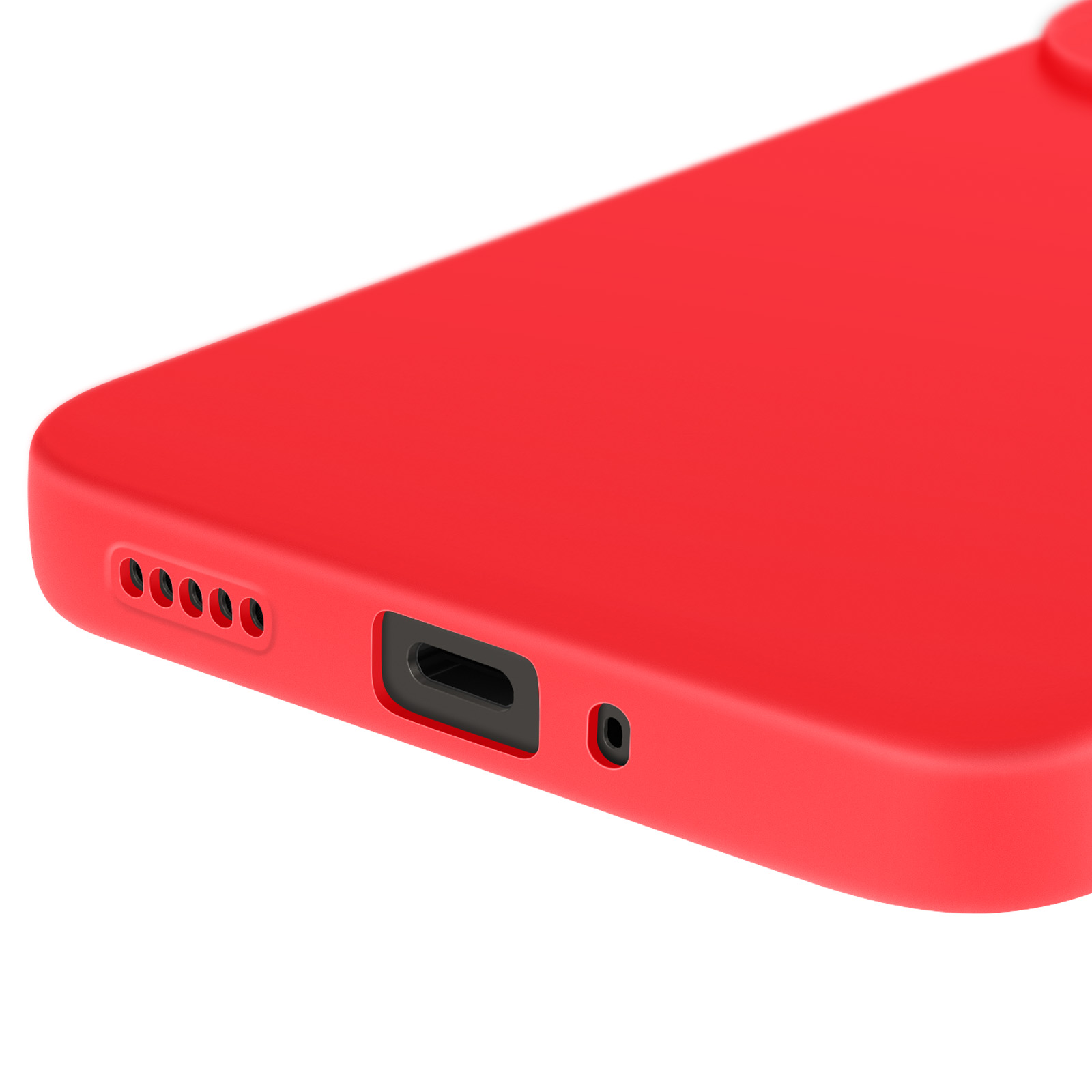 Primo piano della parte inferiore di una custodia rossa per telefono. La custodia ha una porta di ricarica e fori per gli altoparlanti.