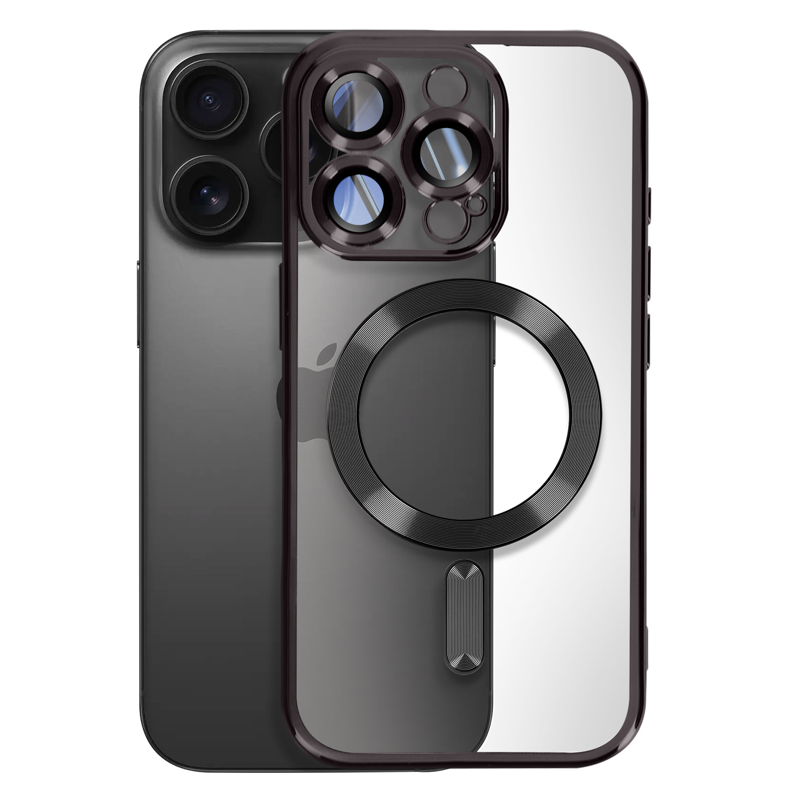Due telefoni con custodie. Uno nero, uno trasparente. Entrambi hanno protezioni per lenti e un anello magnetico.