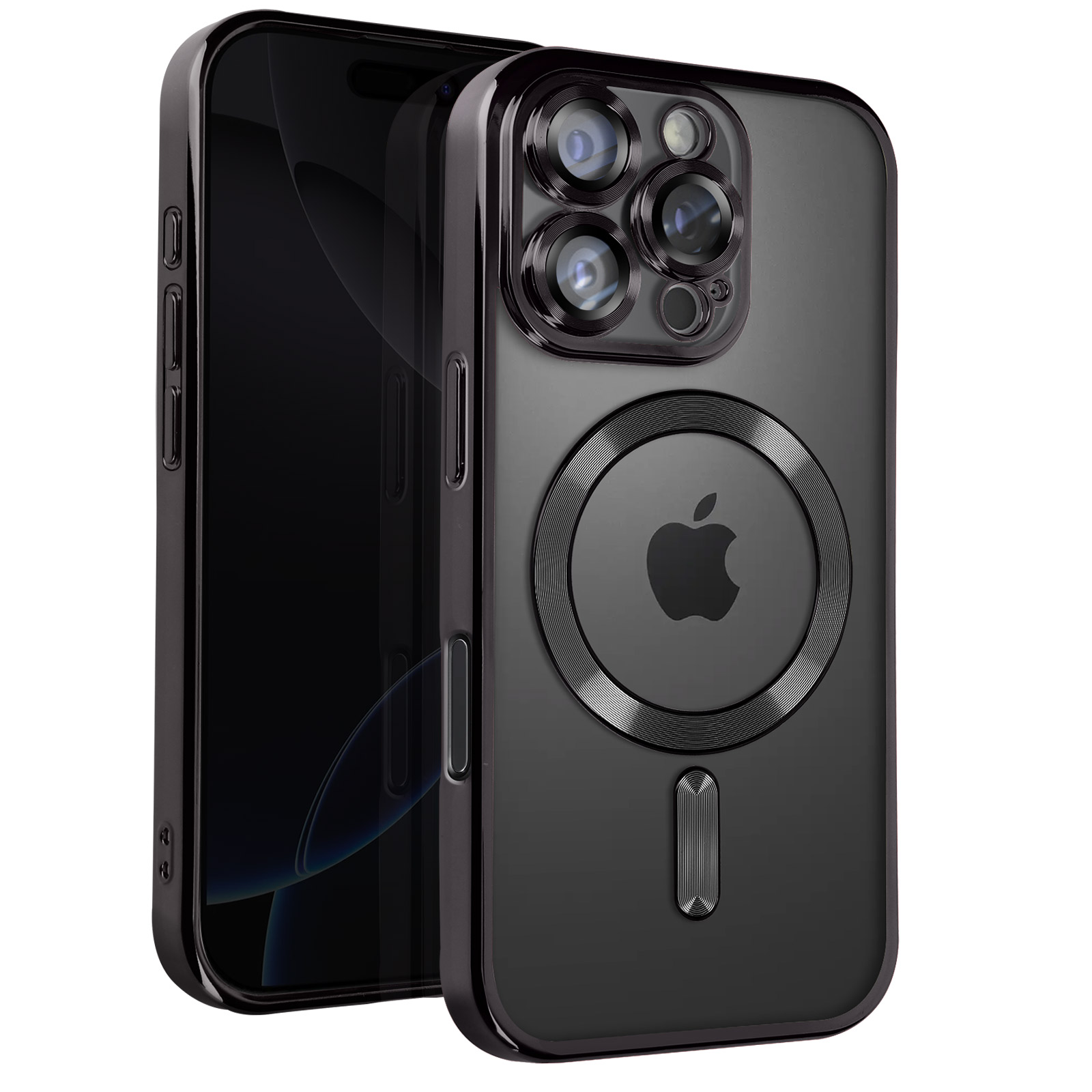 Custodia per telefono nera su un telefono. Logo Apple visibile. La custodia è nera.