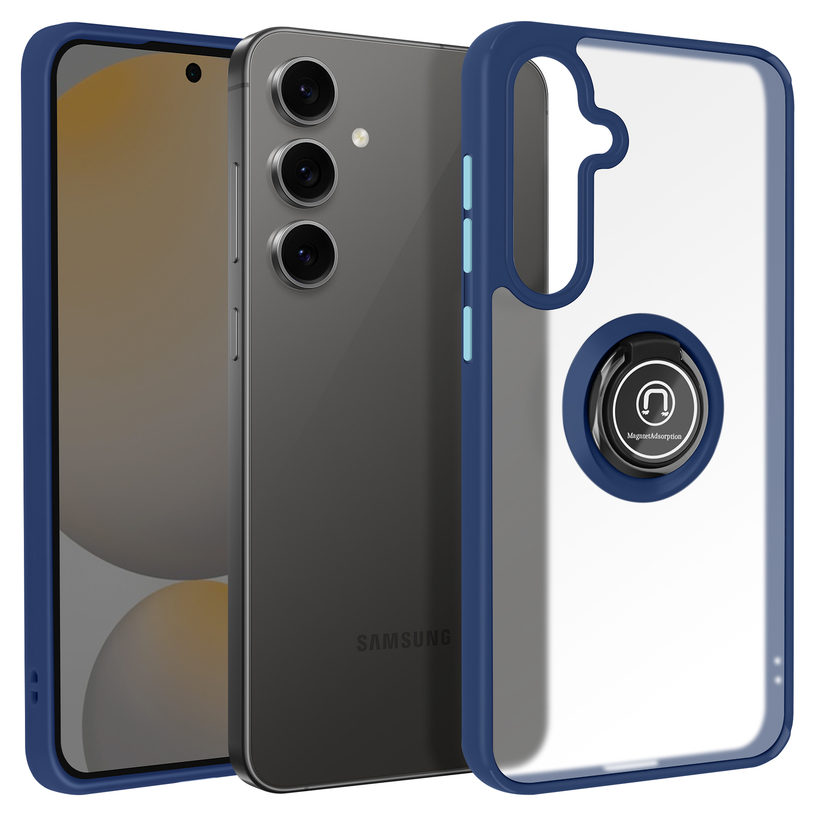 Een telefoon in een blauwe en transparante hoes. De telefoon heeft een ringhouder.