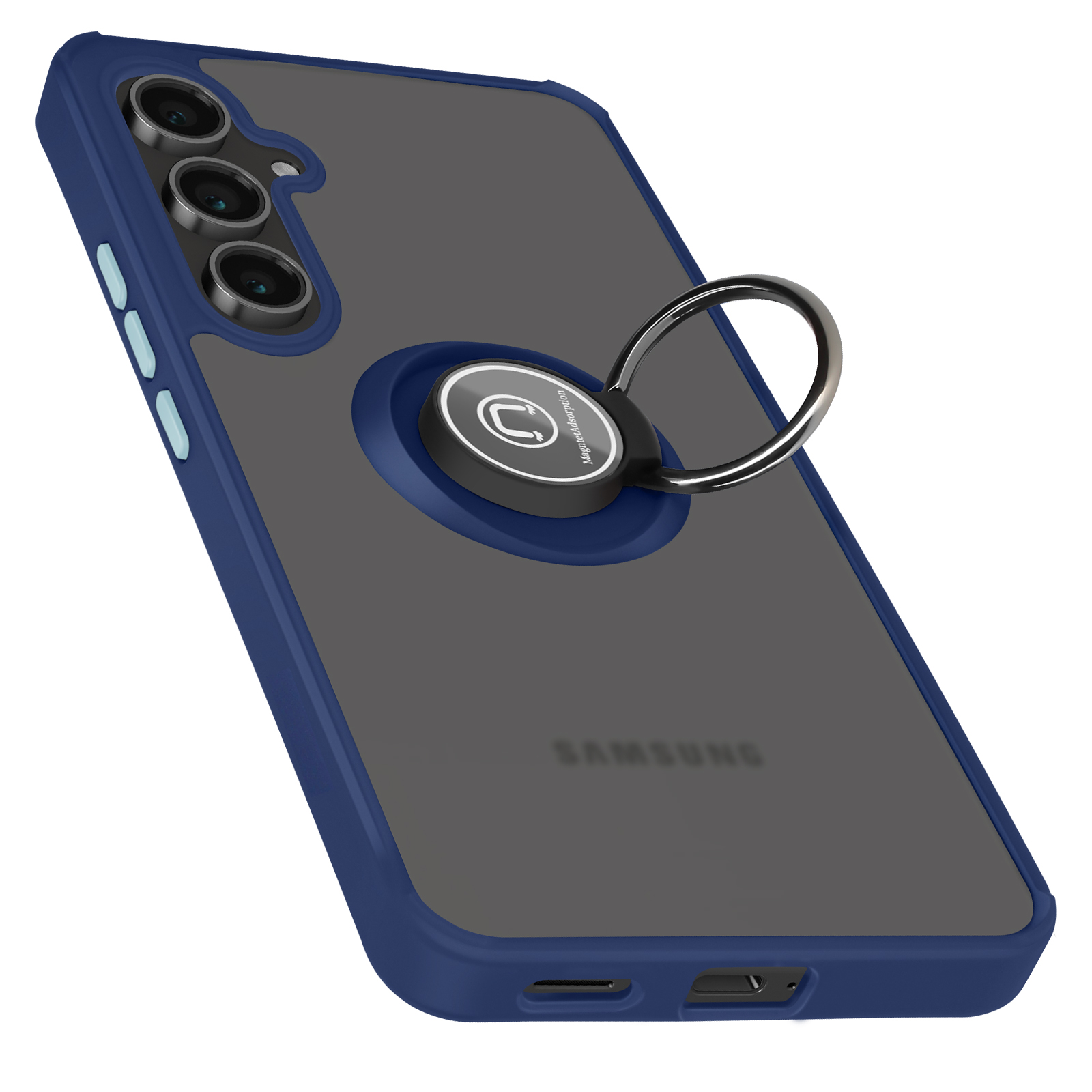 Een telefoon in een blauwe hoes met een ringhouder. De houder is magnetisch en aan de achterkant bevestigd.