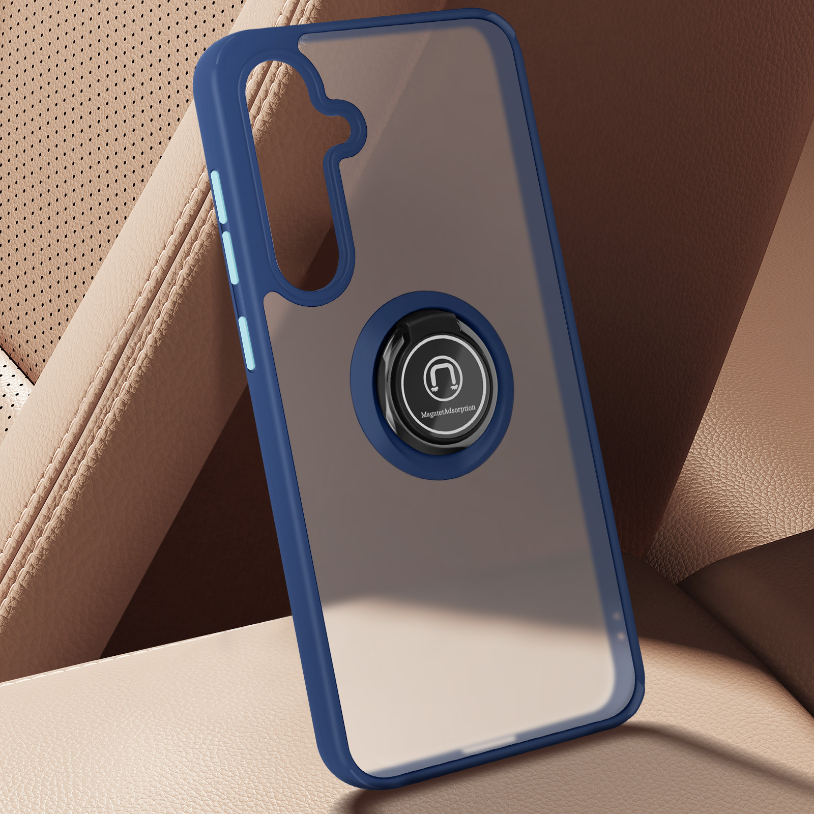 Een telefoon in een blauwe en transparante hoes. De telefoon heeft een ringhouder.