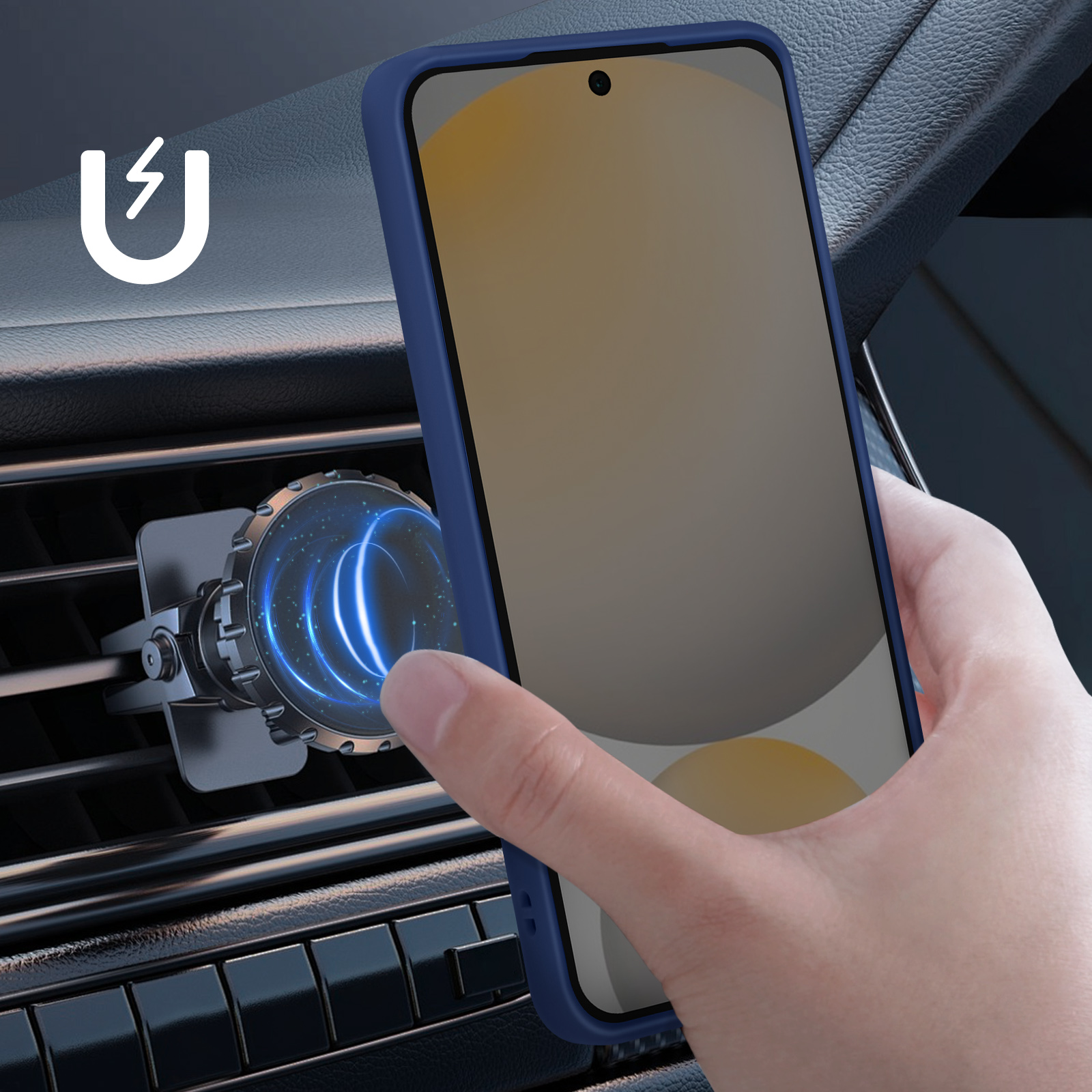 Een hand houdt een telefoon vast die is bevestigd aan een ventilatiehouder in de auto. De telefoon is blauw.