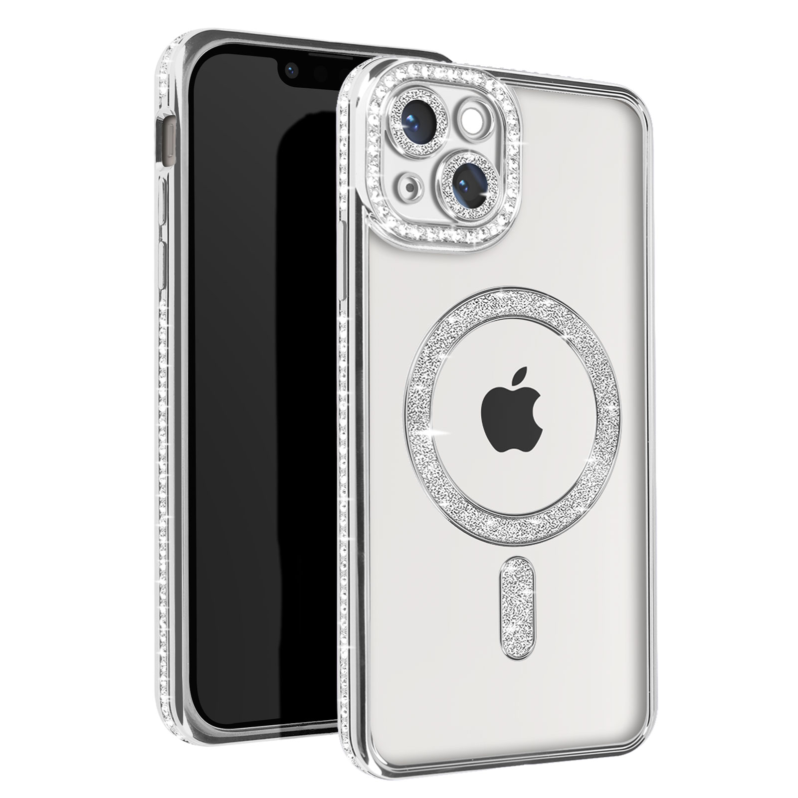 Un telefono in una custodia trasparente con dettagli di diamanti. Un anello di diamanti circonda la fotocamera e il logo Apple.