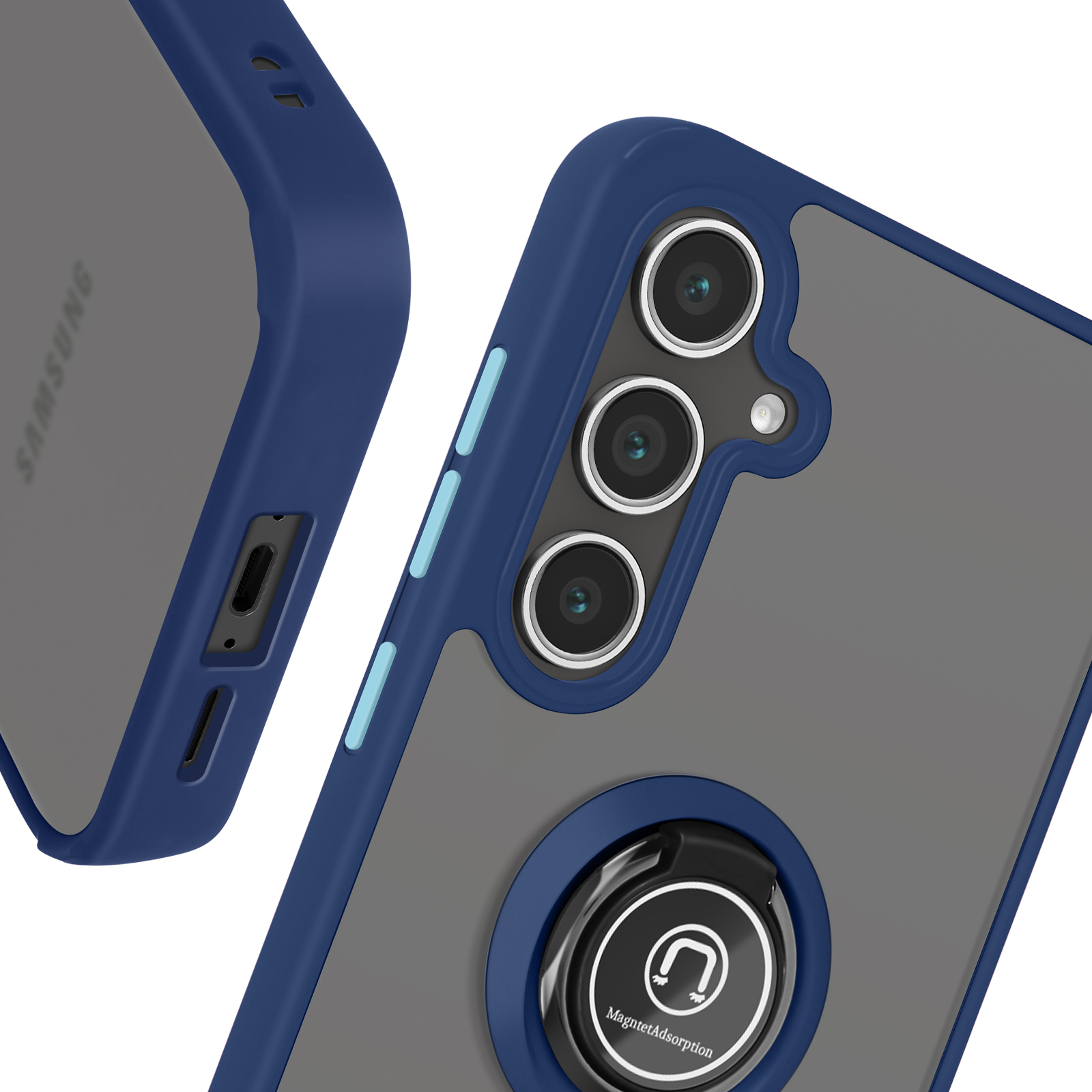 Blauwe en grijze telefoonhoes met ringgreep. Samsung-logo aan de zijkant.