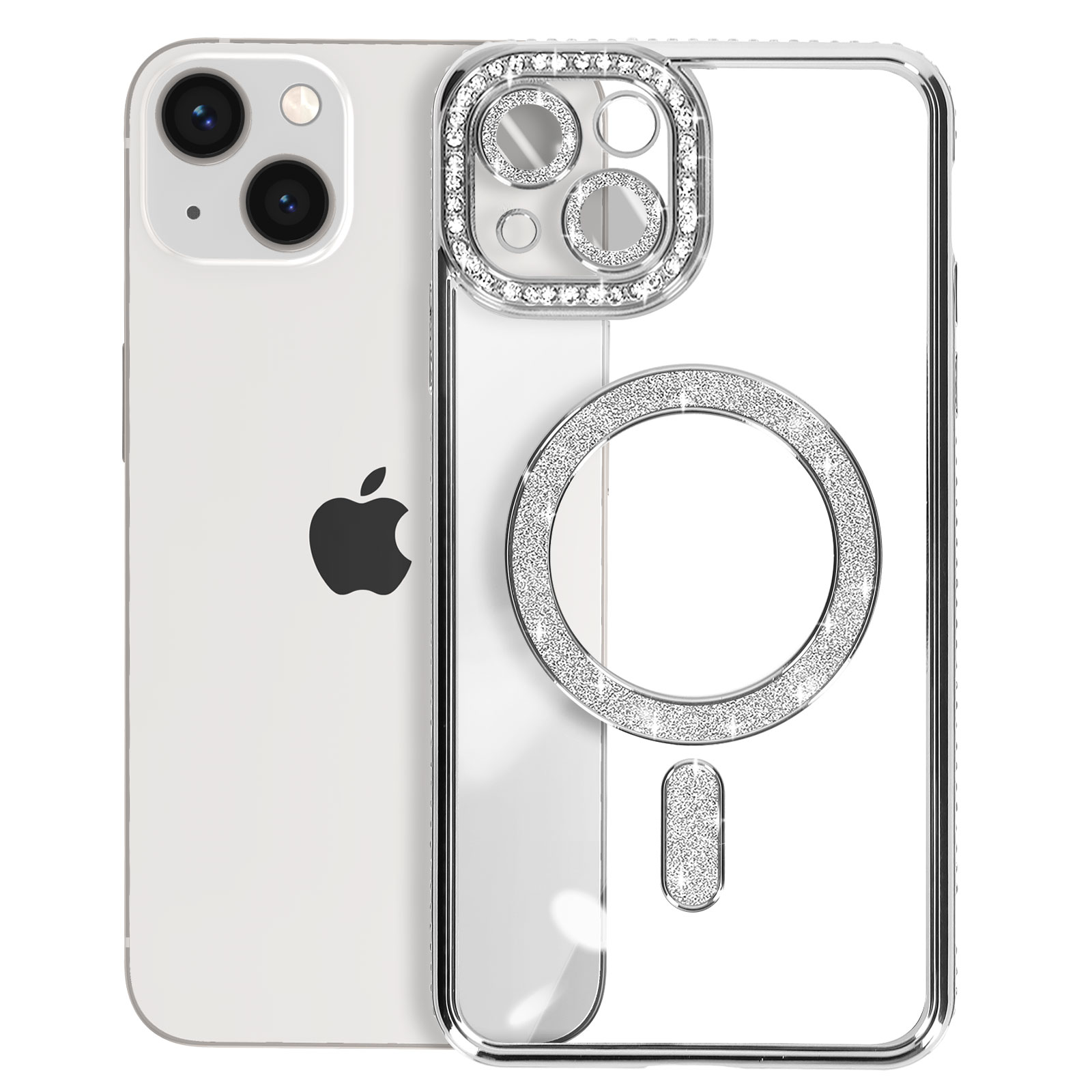 iPhone bianco con custodia trasparente, dettagli diamante intorno alla fotocamera e all'anello. Logo Apple visibile.